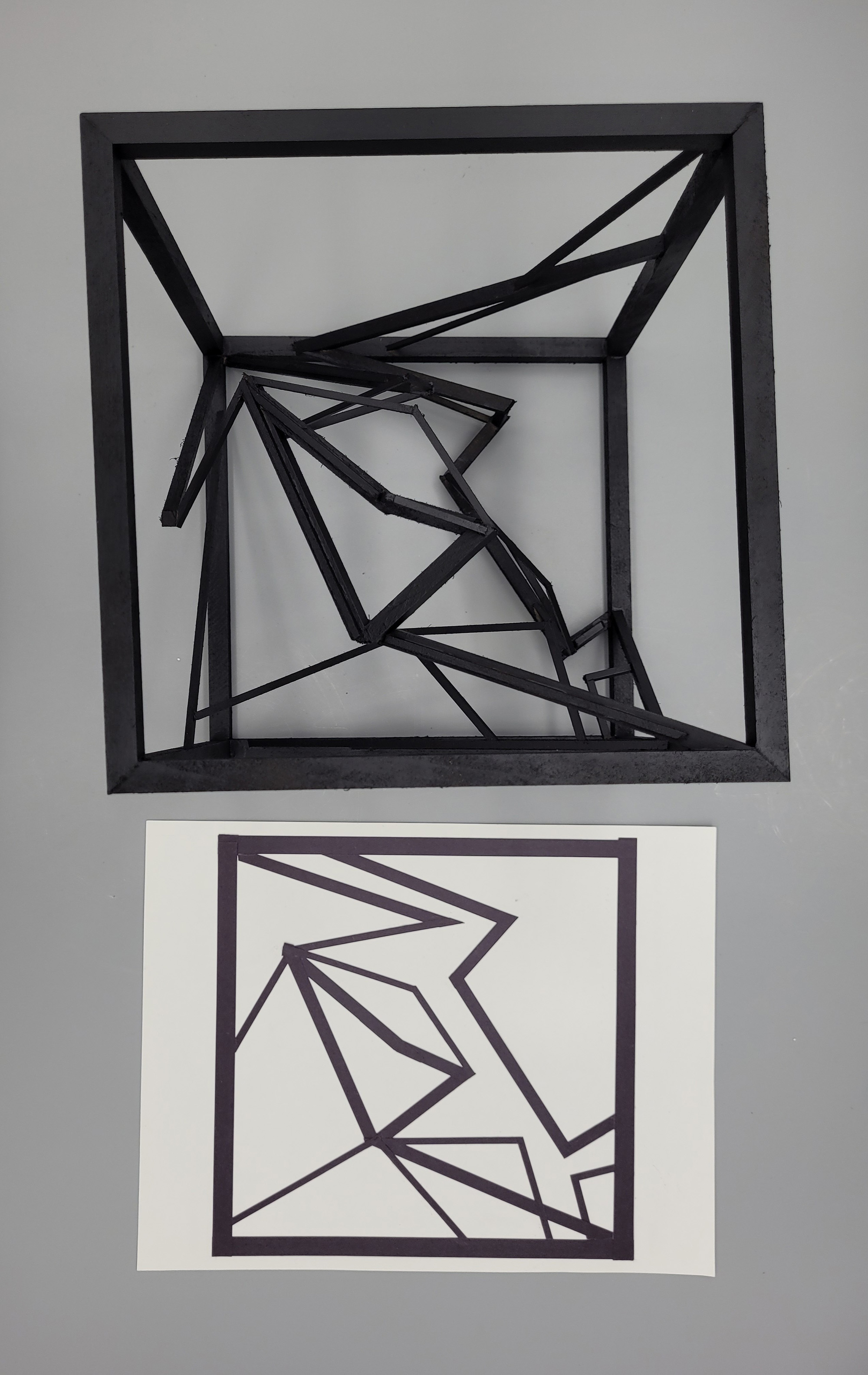 Jessie Beavers / Jessie Beavers Line Design and Wooden Cube. Basswood - 8"x8"x8". Top view comparing 2-D to 3_D. Completed 2023.