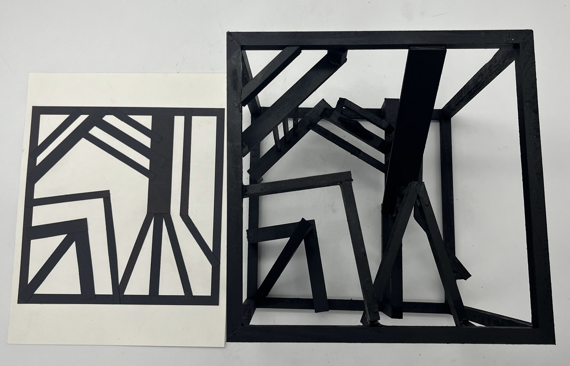 Katie Clark / Katie Clark- Line Design and Wooden Cube. 2-D compared to 3-D view. Basswood - 8"x8"x8". Completed 2023.