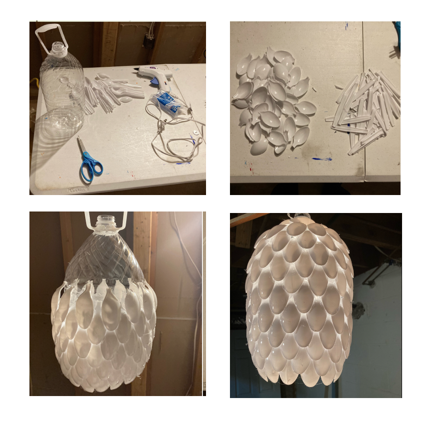 Justin Moorman / Justin Moorman, water bottle and plastic spoons made into a light fixture, goal of the project was to reuse common items to make a newly functional item or art piece