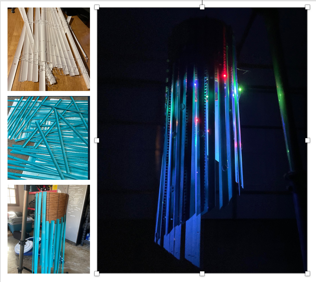 Tara Reeves / Tara Reeves, window blinds, beads, gym equipment made into lighting fixture, goal of the project was to reuse common items to make a newly functional item or art piece