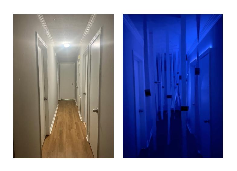 Rebecca Cardoso / Rebecca Cardoso, hallway transformed into tunnel of memories, the goal of the site-specific installation was to visually transform a space with conceptual purpose 