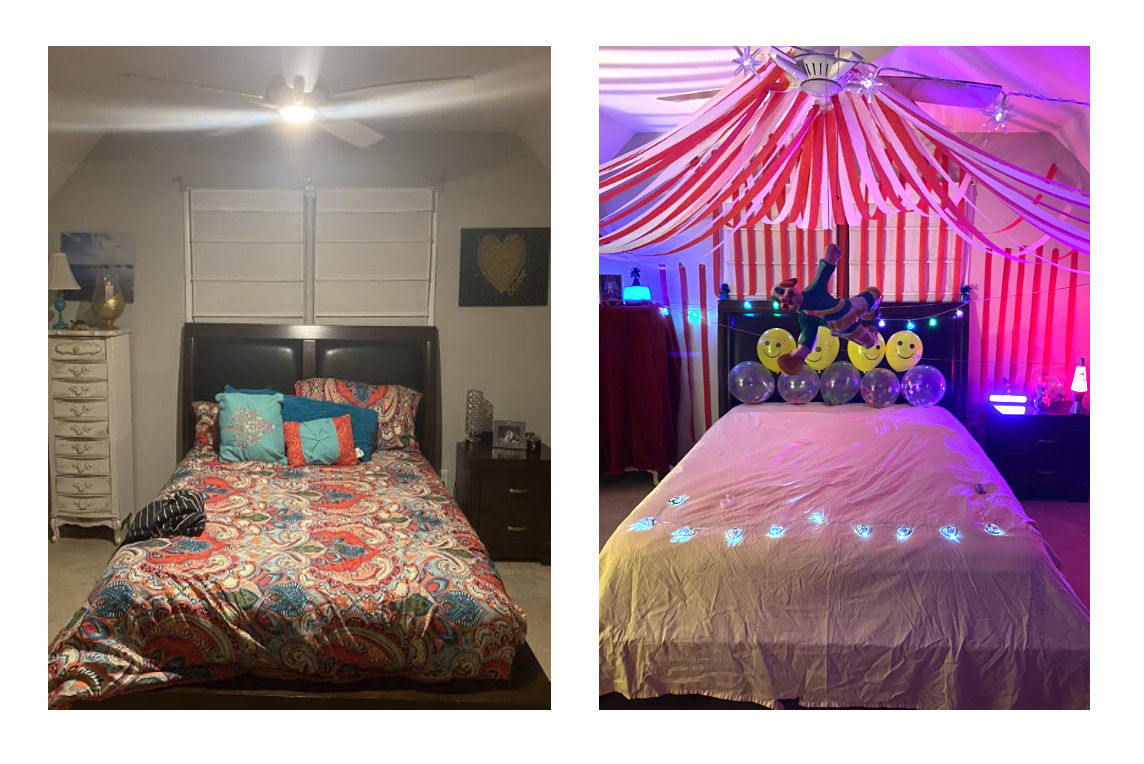 Brynn Starkey / Brynn Starkey, bedroom transformed into a surrealistic circus environment, the goal of the site-specific installation was to visually transform a space with conceptual purpose