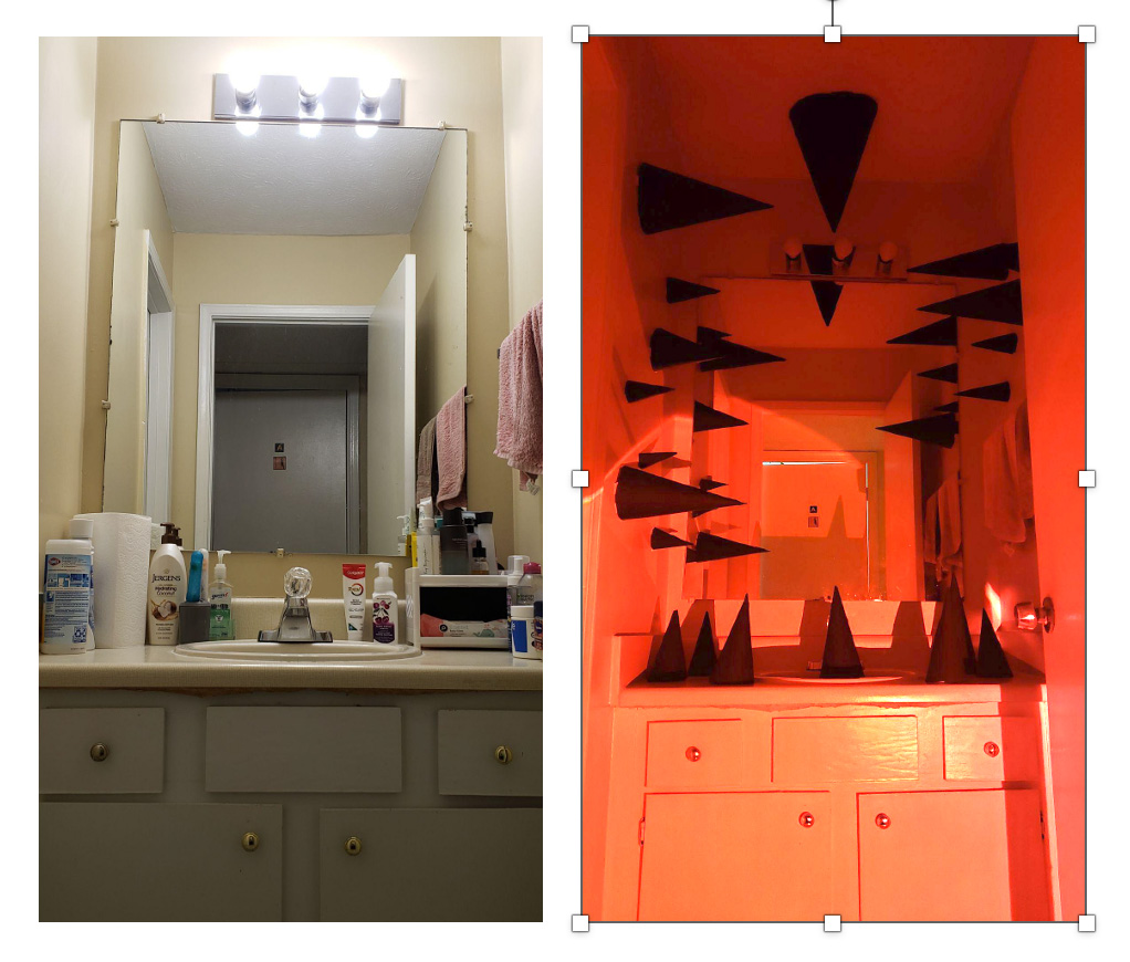 RebAngela Okafor / RebAngela Okafor, bathroom vanity area transformed into a threatening gauntlet of spikes, the goal of the site-specific installation was to visually transform a space with conceptual purpose