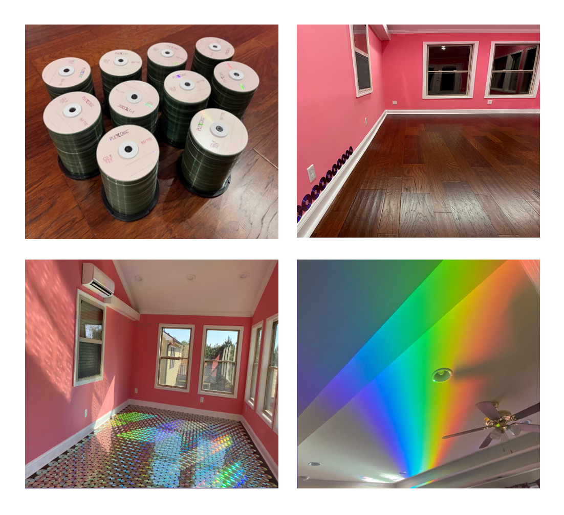 Sandhya Sharath / Sandhya Sharath, interior room transformed with a flooring of CDs that project everchanging rainbows as lighting changes, the goal of the site-specific installation was to visually transform a space with conceptual purpose