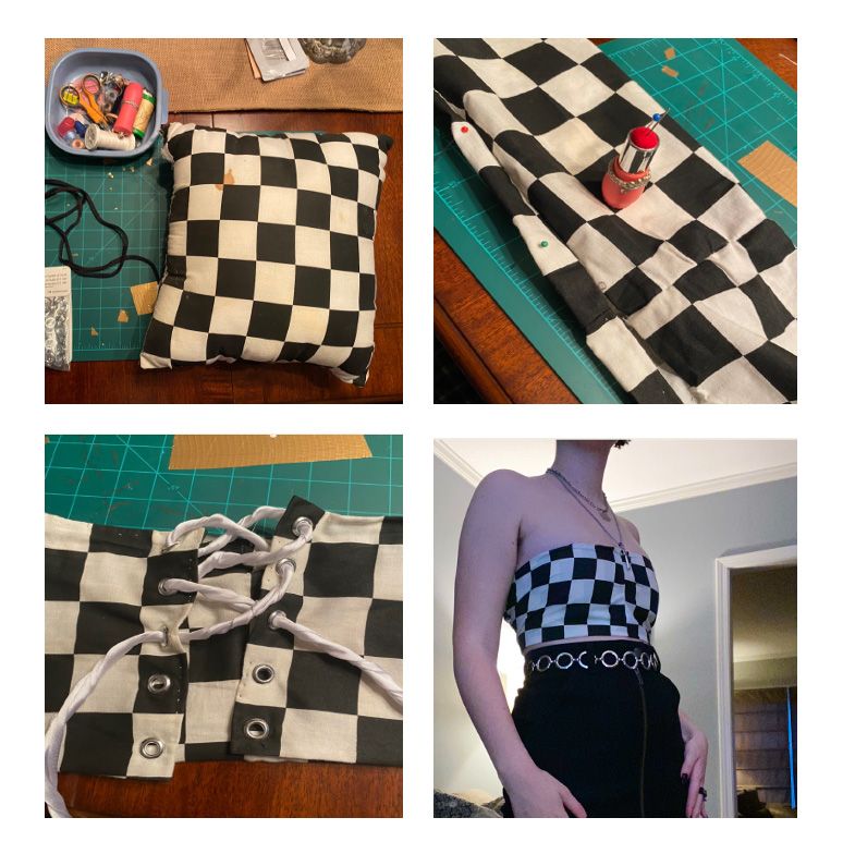 Brynn Starkey / Brynn Starkey, pillow covering made into a garment, goal of the project was to reuse common items to make a newly functional item or art piece