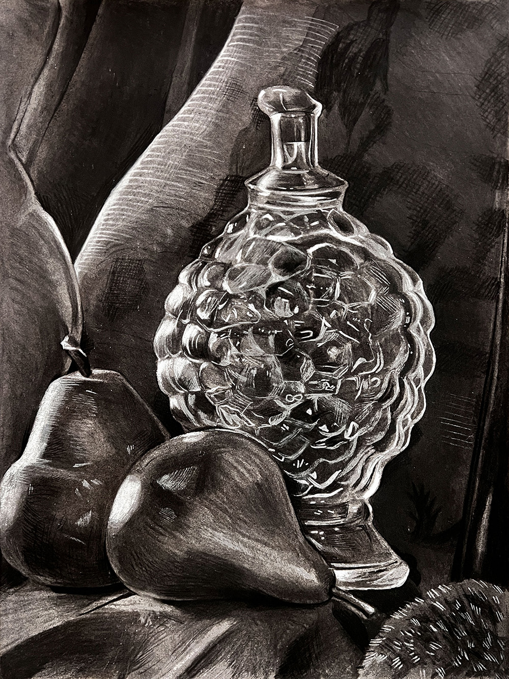 Brooke Wendorf / Brooke Wendorf, charcoal still-life, 9x12 inches charcoal on paper, 2023, Goals (Value study)
