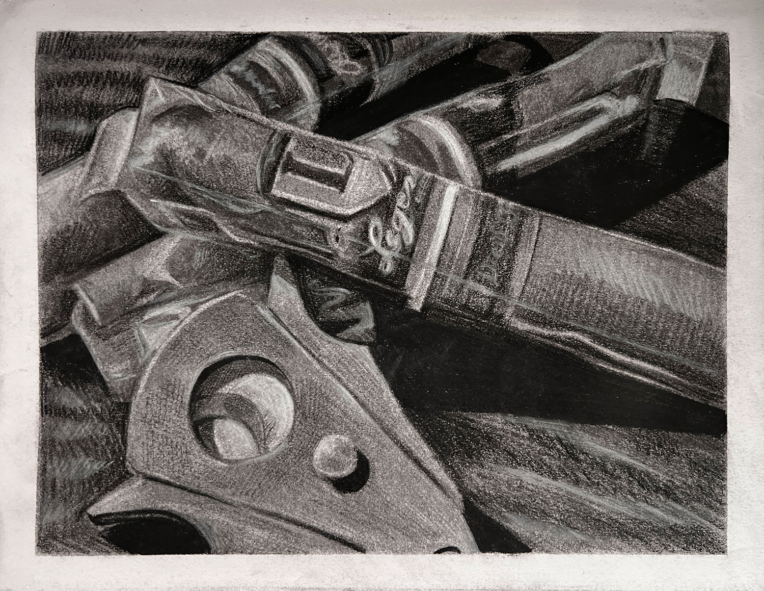 Brooke Wendorf / Brooke Wendorf, charcoal still-life, 18x24 inches charcoal on paper, 2023, Goals (Value study)