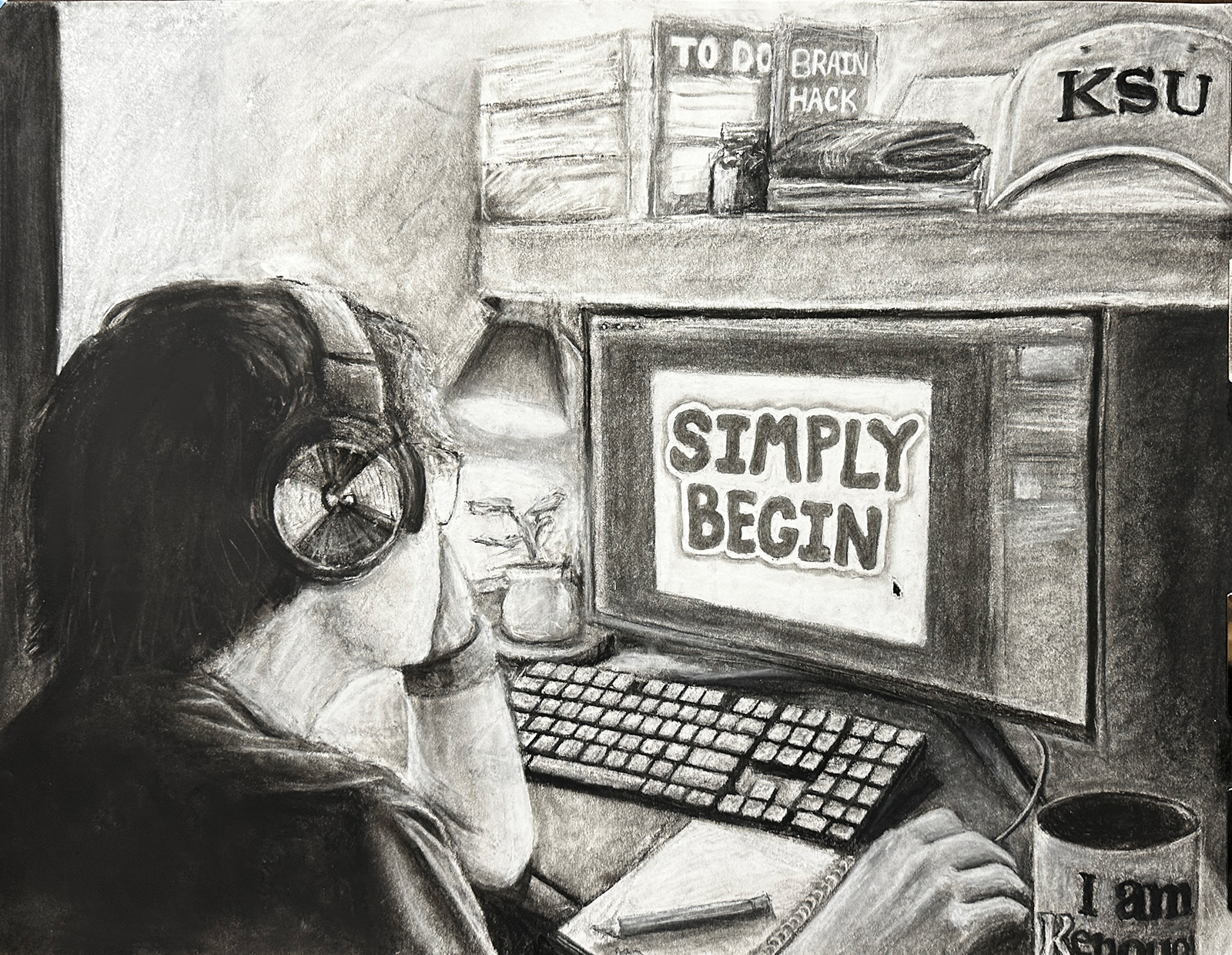Connor Vitak / Connor Vitak, Capstone Project (still life, perspective, language, half figure, personal symbol), 18x24", pencil and charcoal on paper