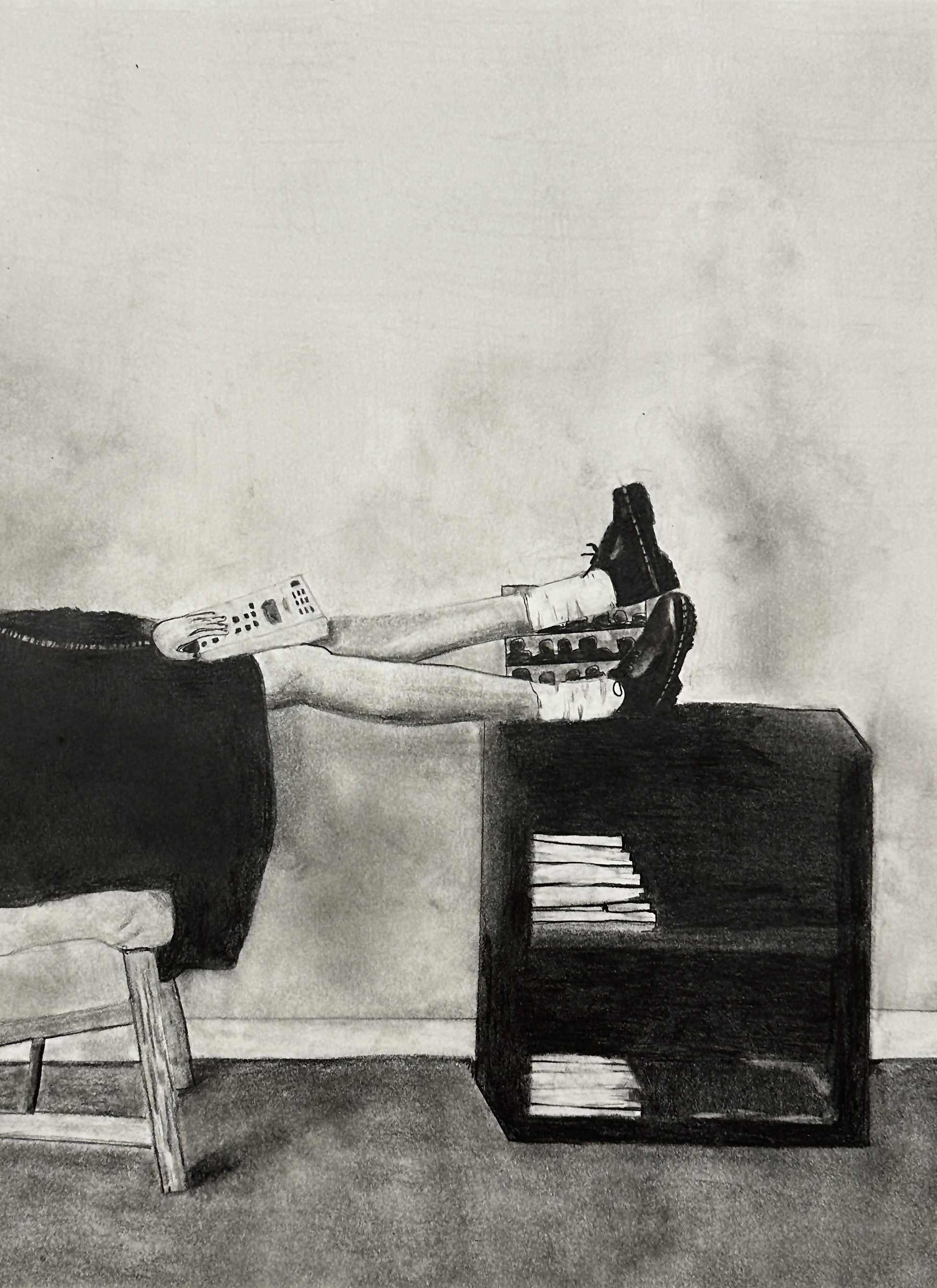 Cade Payne / Cade Payne, Capstone Project (still life, perspective, language, half figure, personal symbol), 24x18", pencil and charcoal on paper