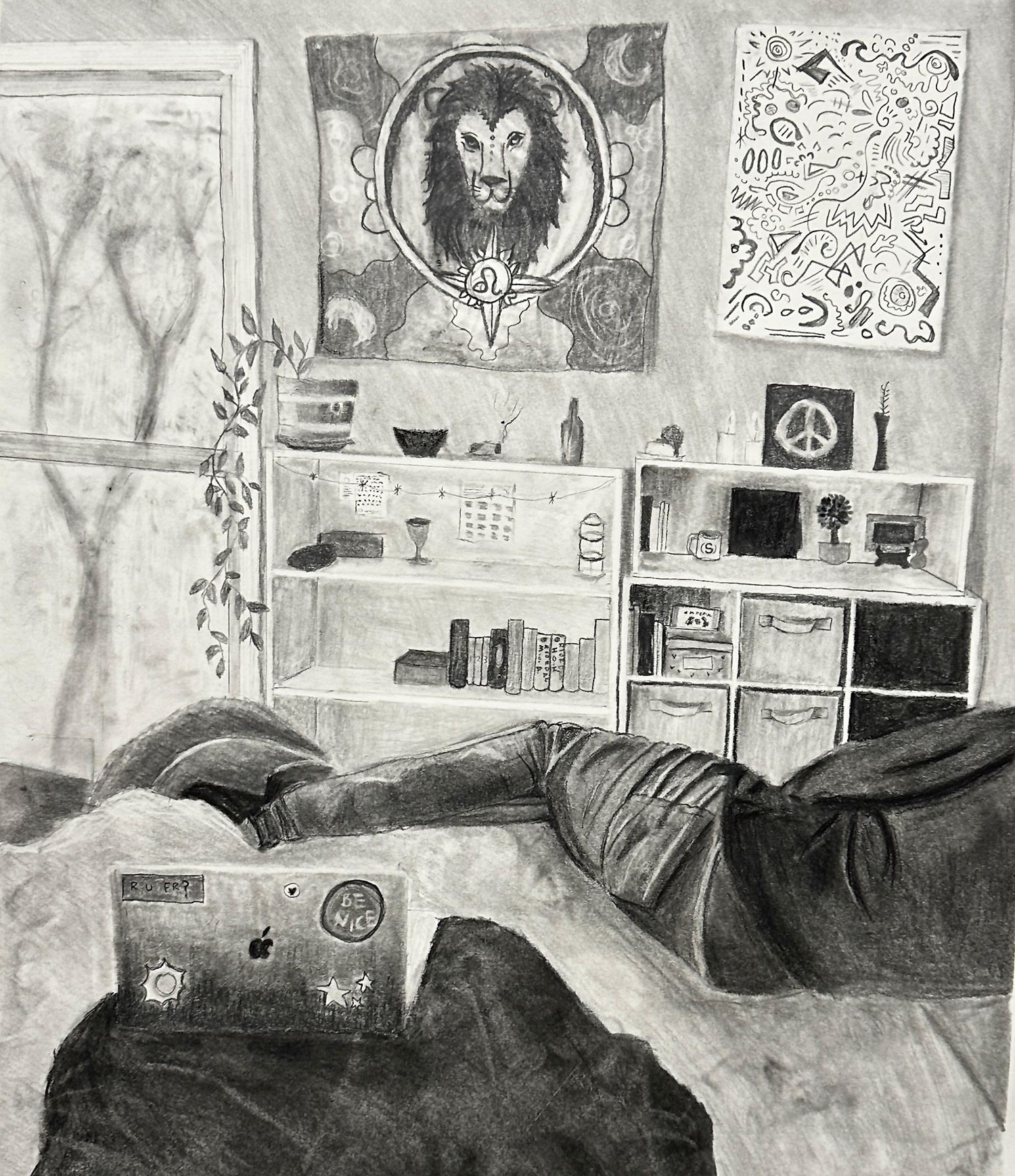 Fenix LaGrone / Fenix LaGrone, Capstone Project (still life, perspective, language, half figure, personal symbol), 24x18", pencil and charcoal on paper