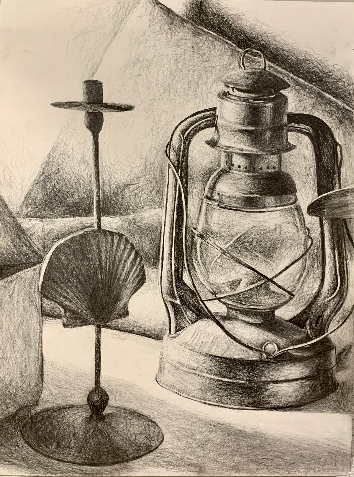 Morgan Bennett / Morgan Bennett, charcoal still-life, 18x24 inches charcoal on paper, 2023, Goals (Value study)