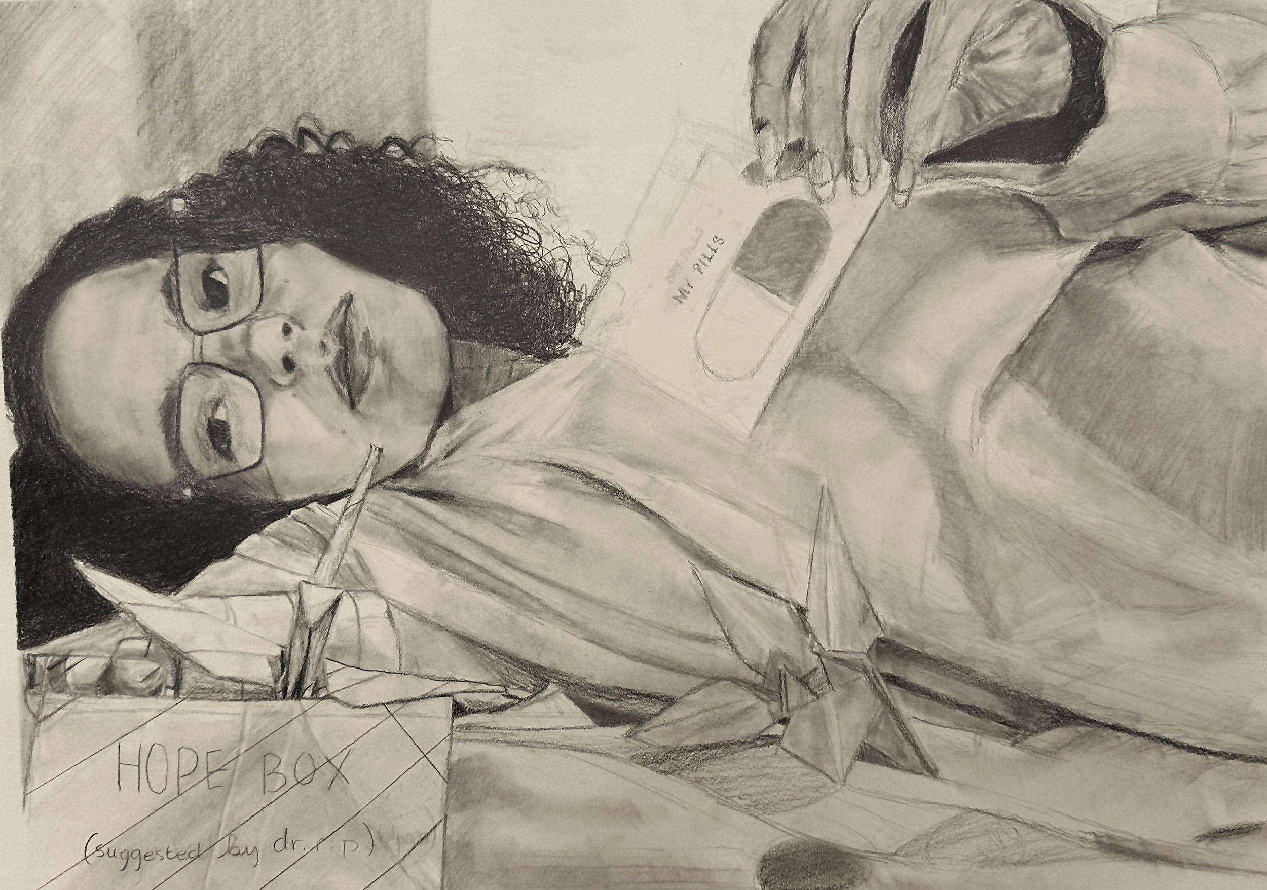 Katarina Culver / Katarina Culver, Capstone Project (still life, perspective, language, half figure, personal symbol), 18x24", pencil on paper