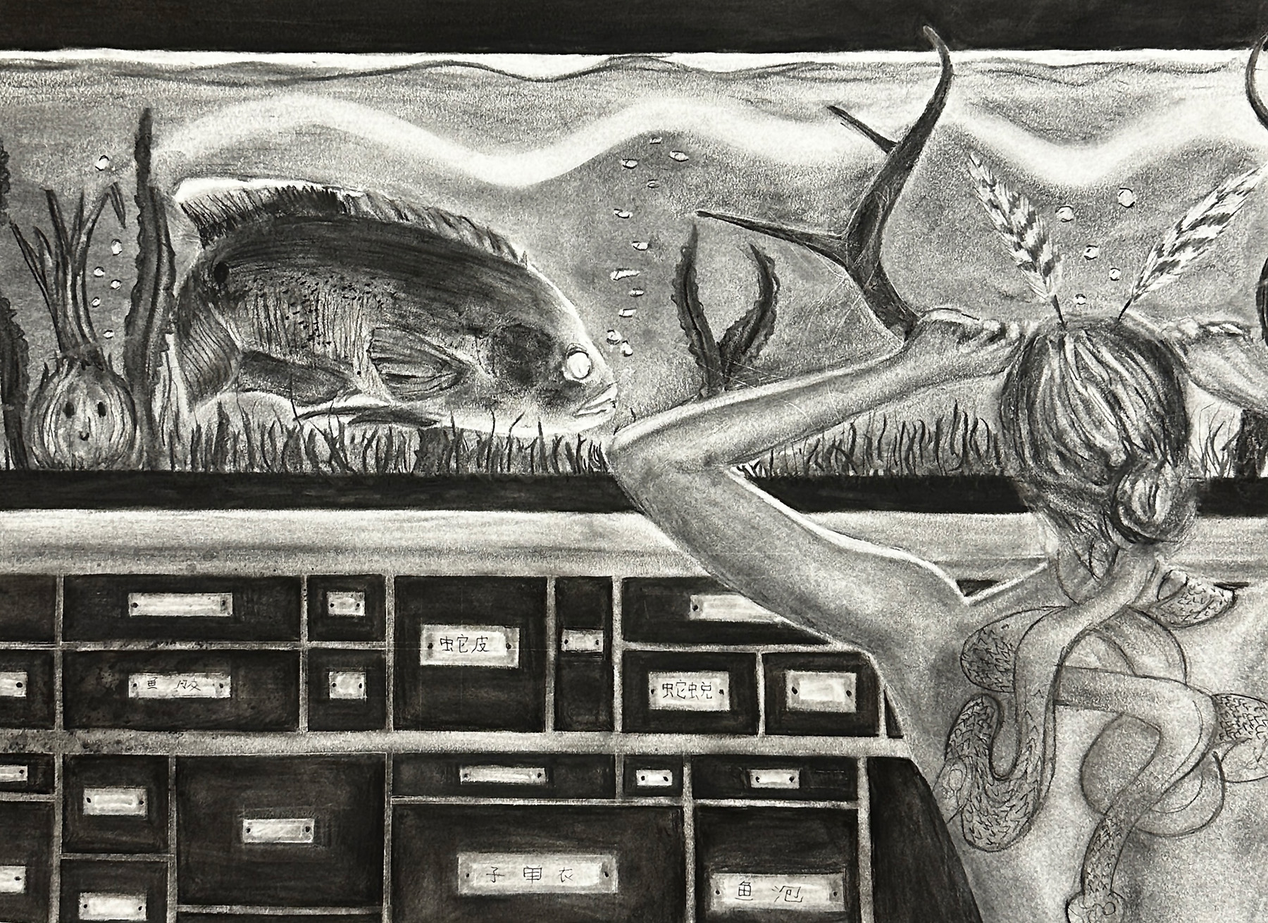 Sierra Neudorfer / Sierra Neudorfer, Capstone Project (still life, perspective, language, half figure, personal symbol), 18x24", pencil and charcoal on paper
