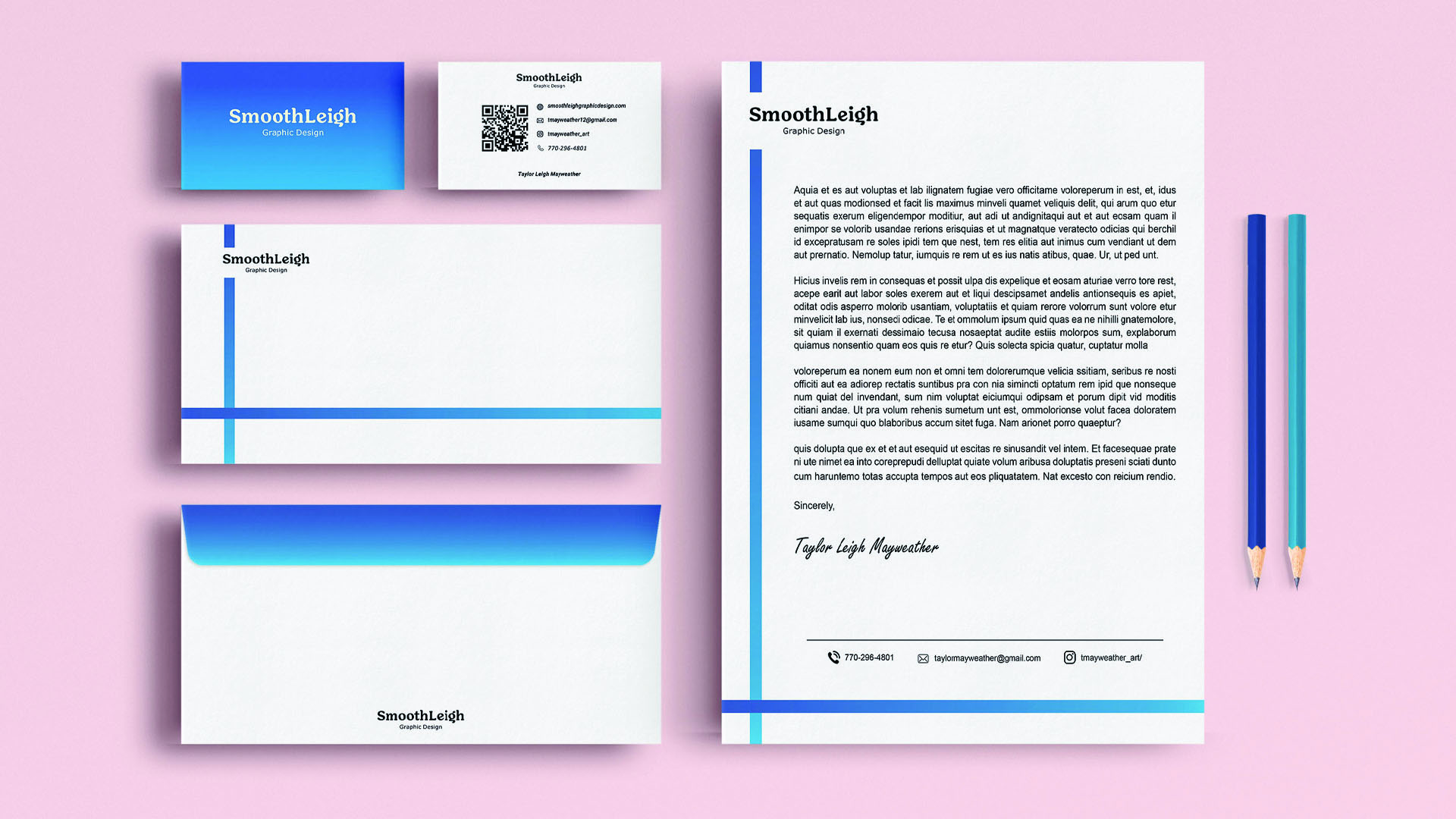 SmoothLeigh Graphic Design / "SmoothLeigh Graphic Design," stationery set of my personal brand, business card: 3.5 x 2 inches, envelope: 4.125 x 9.5 inches, letterhead: 8.5 X 11 inches, 2024. The cohesive design of this stationery set enhances my brand identity and promotes a professional aesthetic.