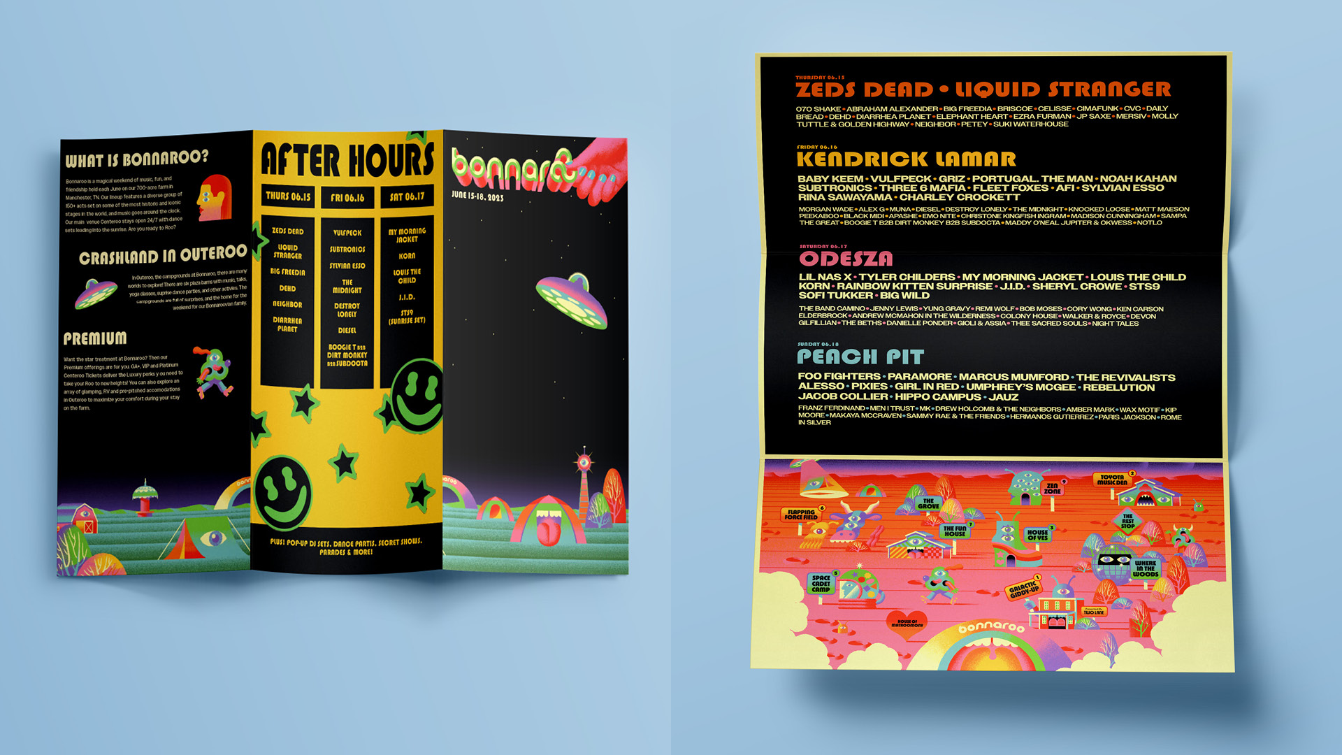 Bonnaroo Flyer / "Bonnaroo Flyer," festival flyer, 8.5 x 11, print flyer, 2022. This is a mock flyer design for Bonnaroo Music Festival.