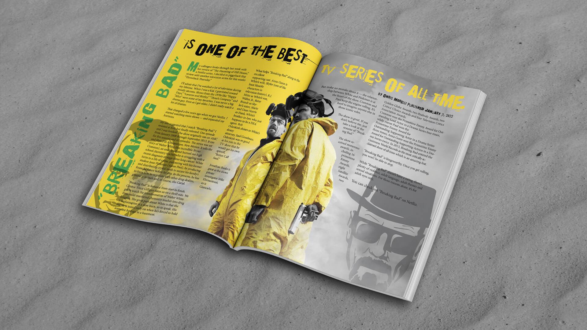 Myranda Mills, “Breaking Bad Article Spread,” Magazine spread 8.5 x 22 inches (8.5 x 11), print 2023. / Myranda Mills, “Breaking Bad Article Spread,” Magazine spread 8.5 x 22 inches (8.5 x 11), print 2023.
