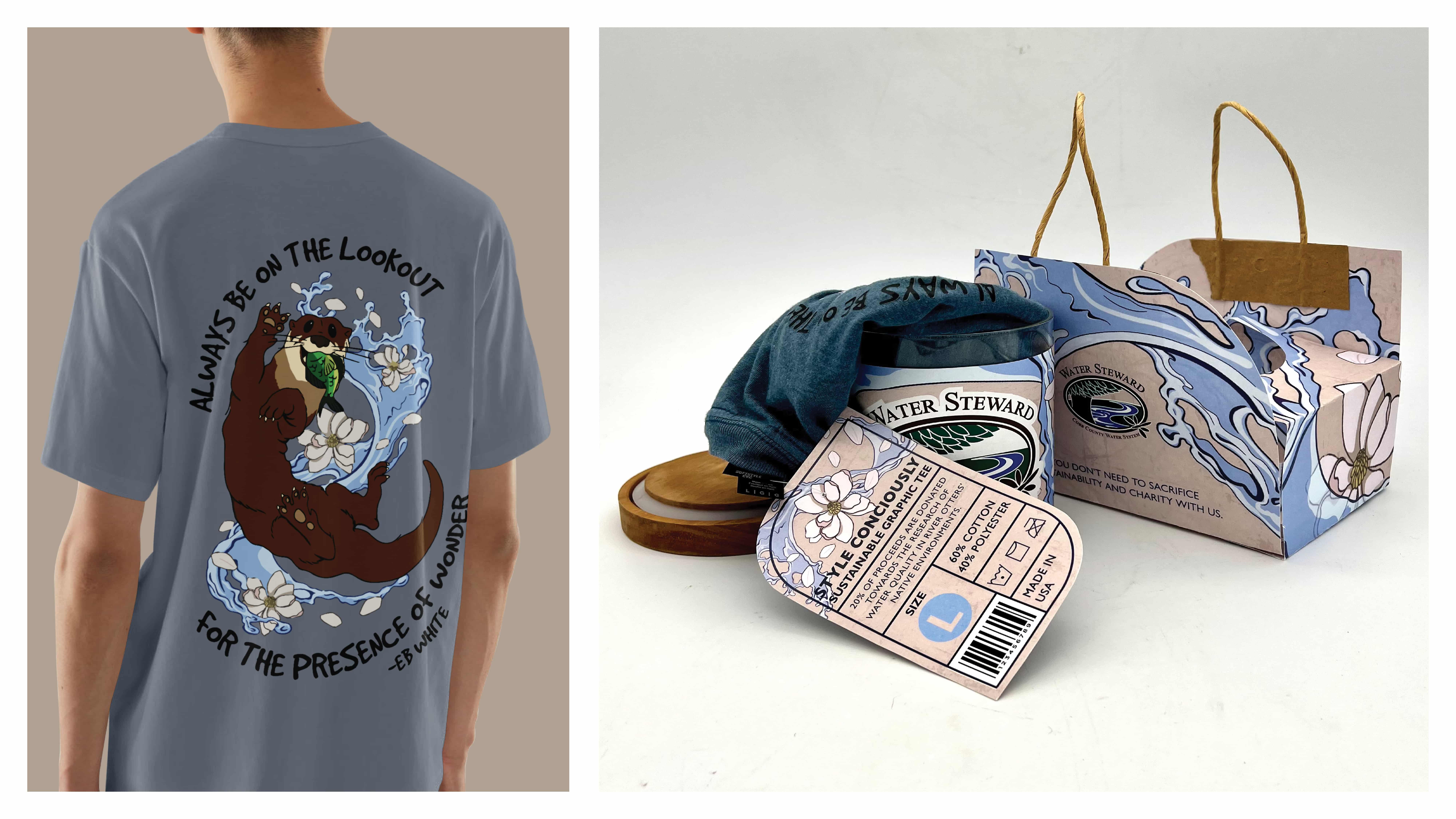 Grace Holley “Cobb County Watershed Stewardship”, T-shirt design and packaging, sizes vary, 2024. This was created for Cobb County Watershed’s volunteers to promote their mission to cultivate environmental awareness. / Grace Holley “Cobb County Watershed Stewardship”, T-shirt design and packaging, sizes vary, 2024. This was created for Cobb County Watershed’s volunteers to promote their mission to cultivate environmental awareness.
