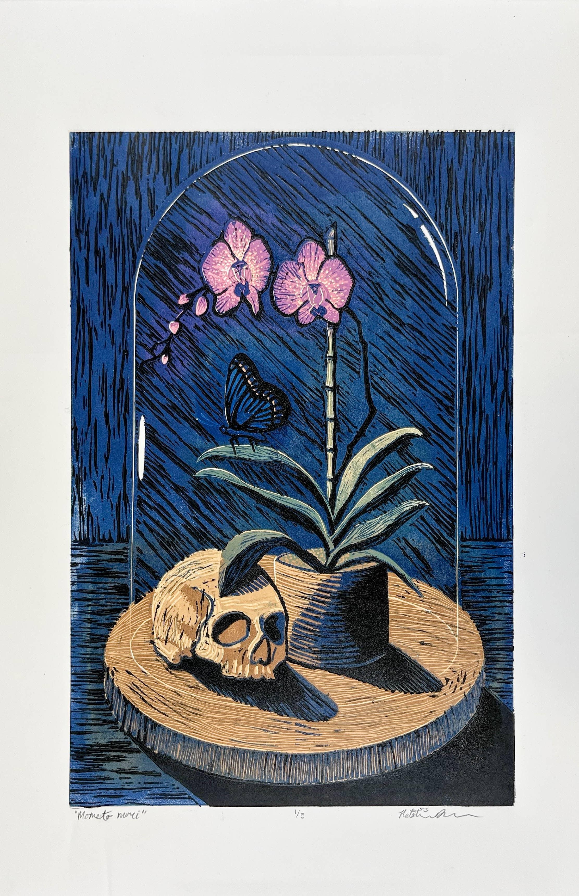 Natalie Brown, "Memento Mori", 2024. Linocut. / Natalie Brown, "Memento Mori", 2024. Linocut.