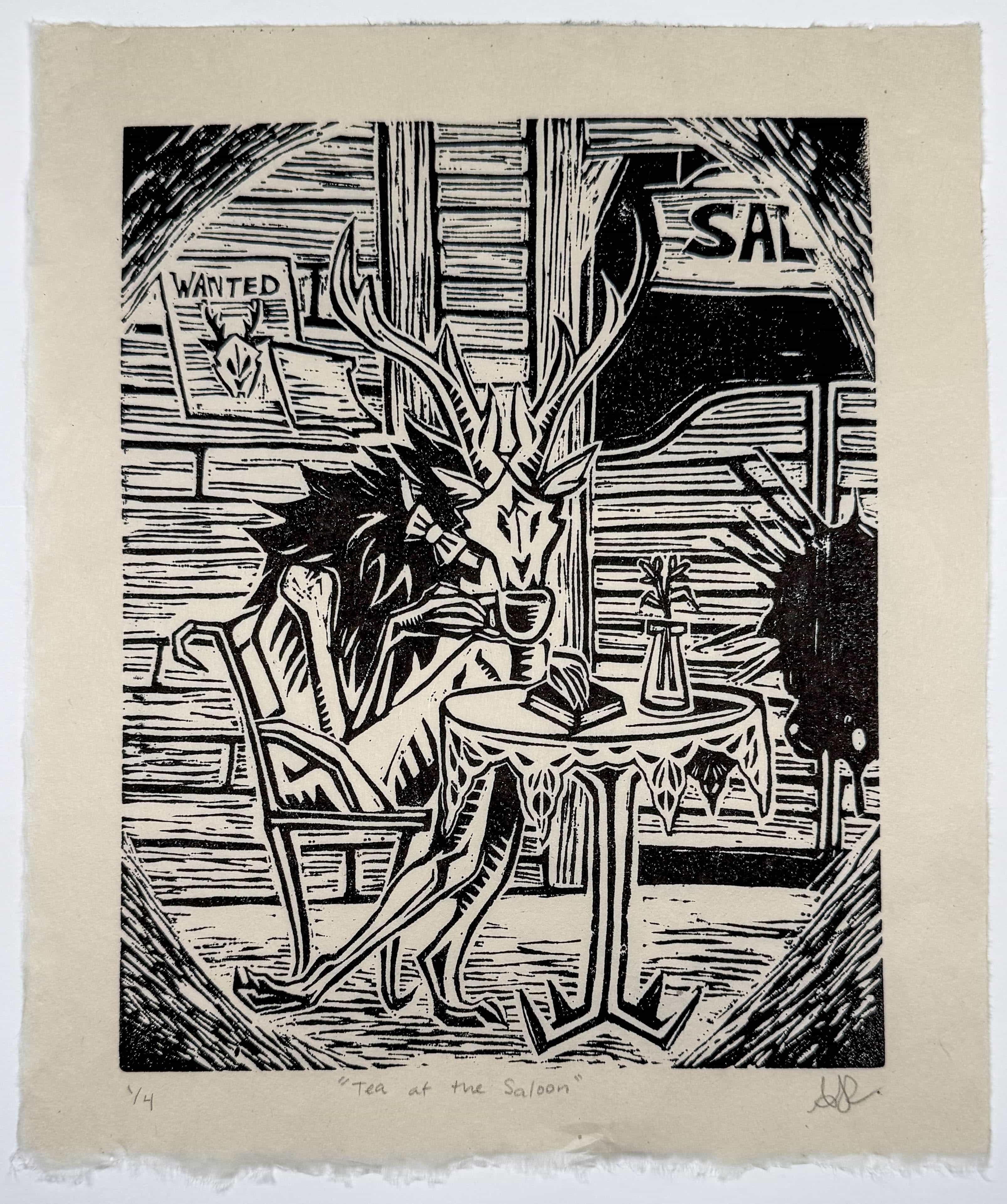 Ashley Rudman, "Tea at the Saloon". 2024. Linocut. / Ashley Rudman, "Tea at the Saloon". 2024. Linocut.