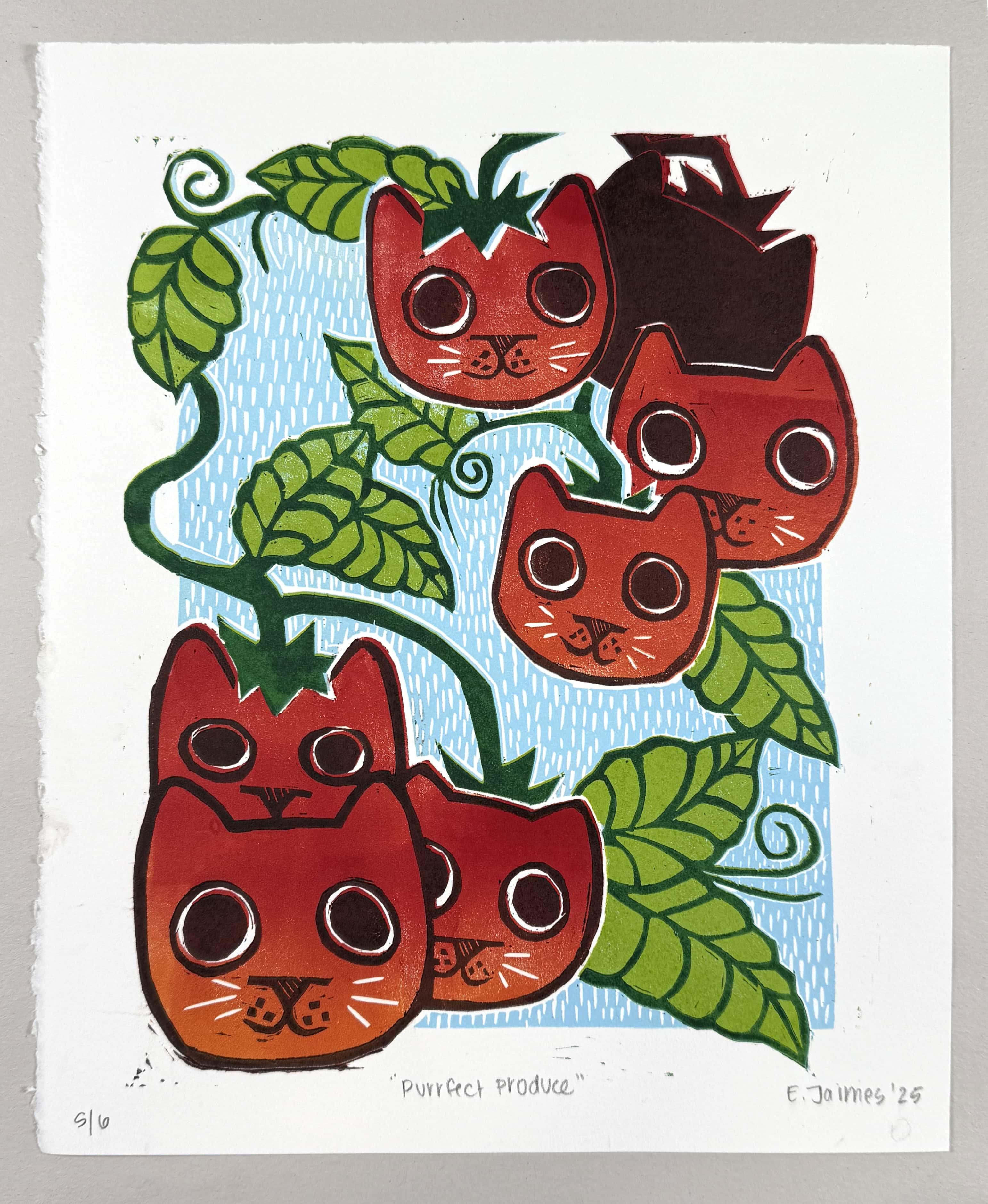 Emily Jaimes, "Purrfect Produce". 2024. Jigsaw-reduction mix. / Emily Jaimes, "Purrfect Produce". 2024. Jigsaw-reduction mix.