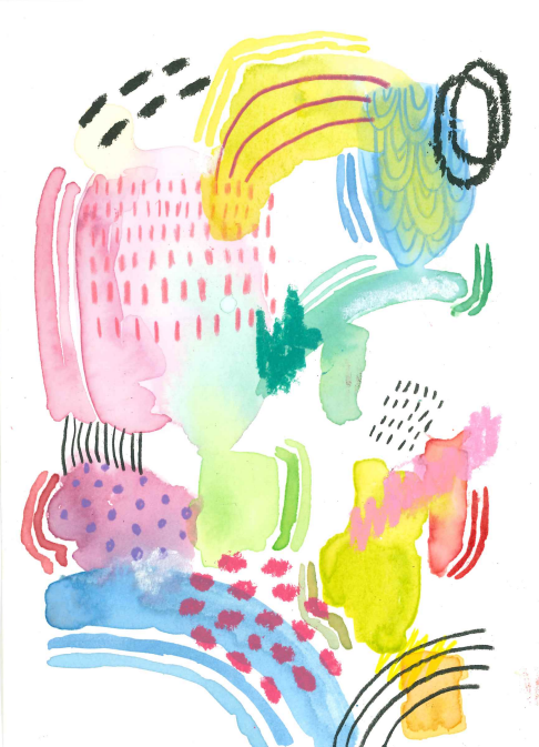 Abstract watercolor painting with colorful shapes in pink, yellow, blue, green, and black. / This painting is an abstract watercolor painting that I created as an example for my teacher art club. 