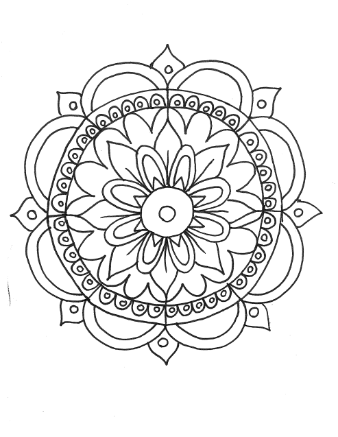 Black and white mandala with symmetrical, intricate patterns and a central circular motif. / This drawing is a drawing of a mandala that I created to model for academic teachers how to create a mandala during the teacher art club. 