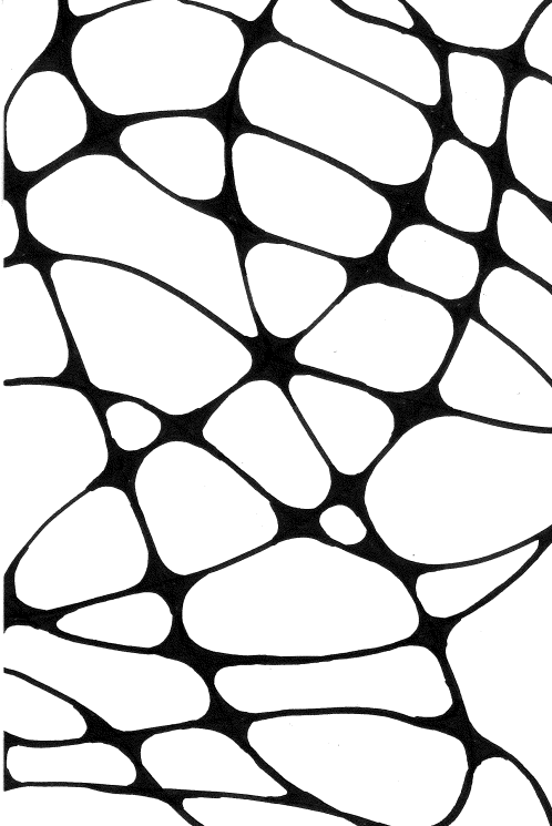 Abstract black and white pattern with irregular, interconnected shapes. / This drawing is an example of neurographic drawing that I created with the members of the teacher art club. Neurographic art is a form of art therapy where mindfulness is used to "round out" any sharp corners to release stress and create an abstract work of art. 
