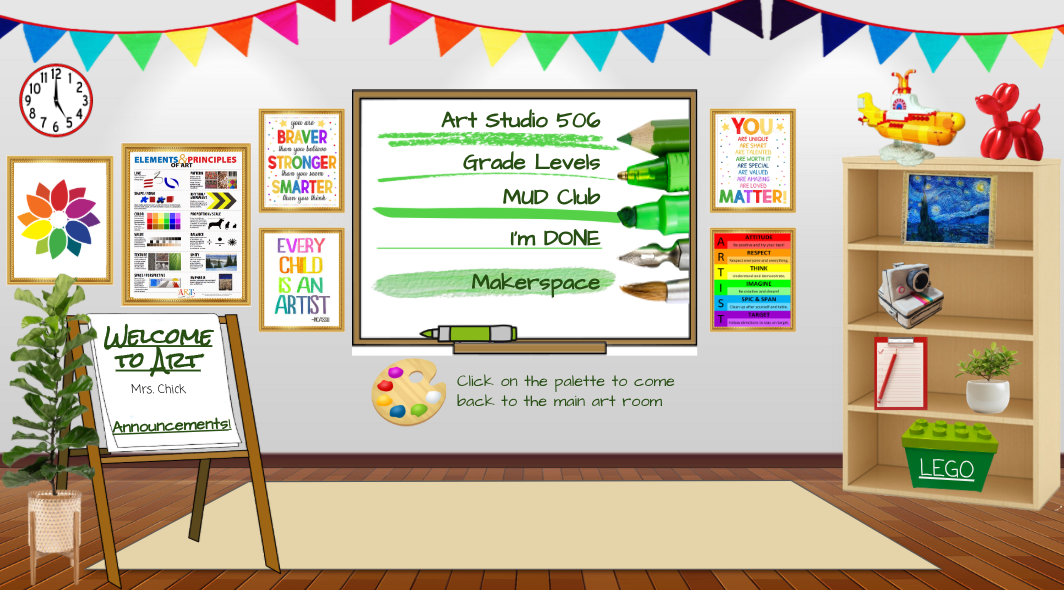 Colorful classroom with art supplies, posters, and a whiteboard listing activities. / The Art Studio Lab's opening slide. A view of my interactive information hub, giving my students the autonomy to access information as needed. 