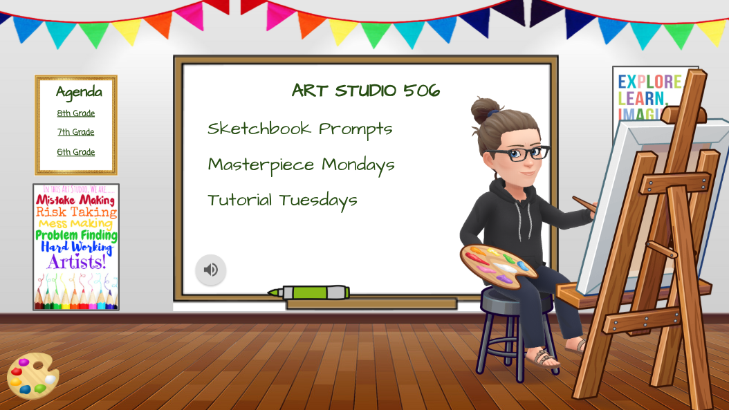 Art classroom with whiteboard, student painting, and colorful decorations. / An additional slide representing student access to my Art Studio Lab's interactive learning approach. The categories listed are high-frequency procedural tasks for students to access during our shared class time throughout the semester. 