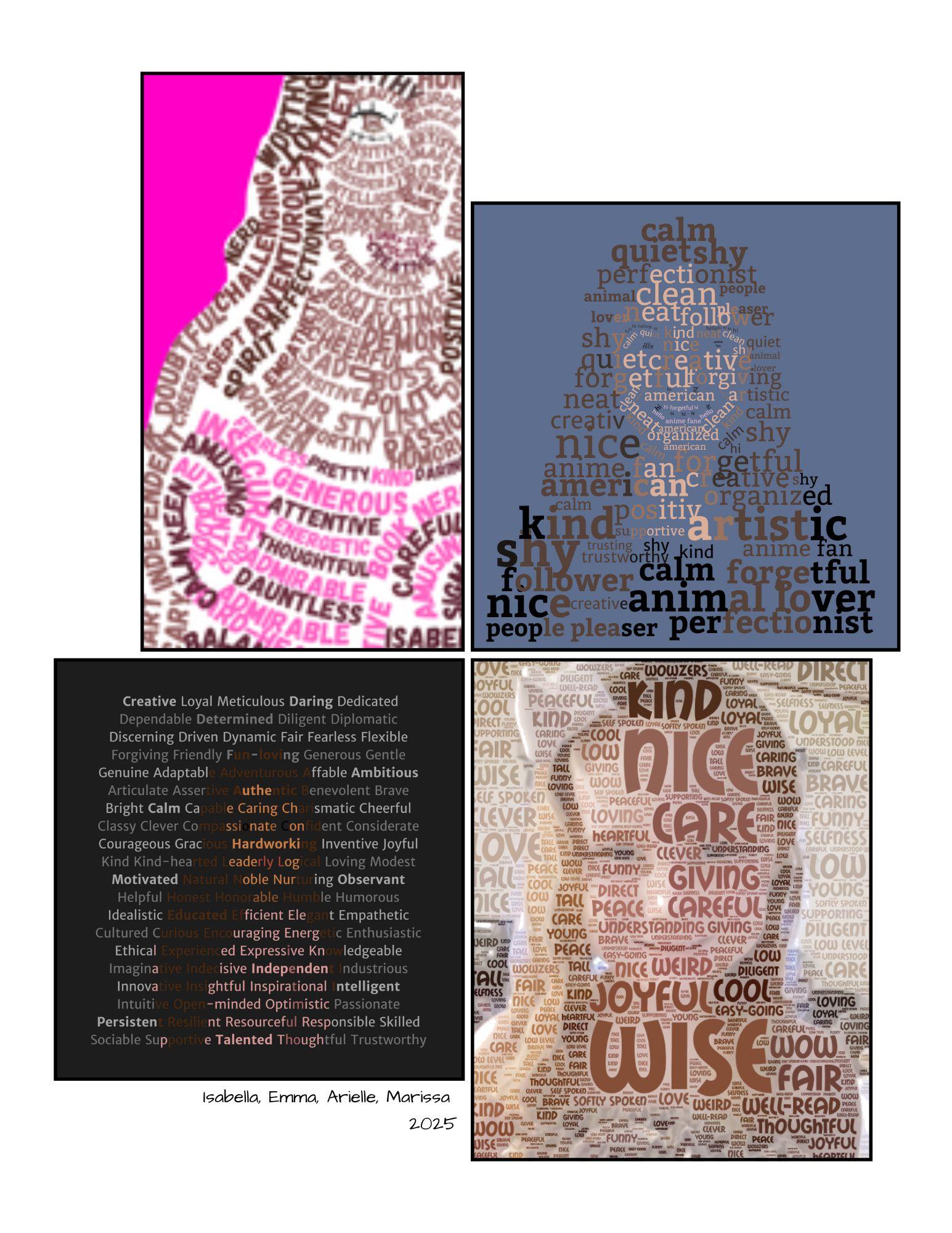 Word cloud silhouettes with descriptive traits on colorful backgrounds, labeled with student names and year 2025. / An identity-based media arts project by 7th and 8th-grade students who created self-portraits composed entirely of descriptive words. Instead of relying on traditional fine art methods, students explored self-expression through typography, color, and language. 