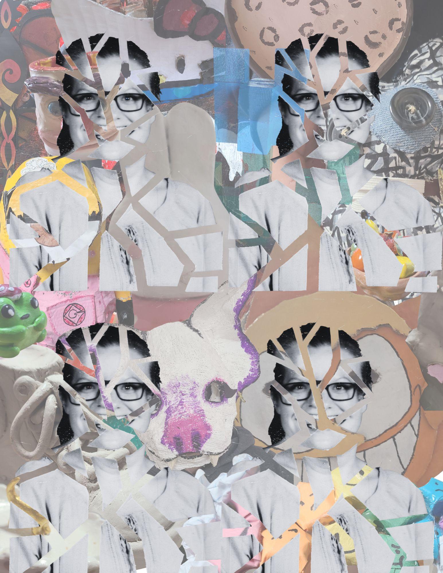 Collage with fragmented portraits, colorful patterns, and abstract elements. / My media arts response to the identity project my students were tasked to complete. Connection represents my identity as a teacher, the multiple roles I play as an individual, and how my students help bring meaning and purpose to those roles. My faculty picture is diminished in grayscale and fractured to emphasize the controlled chaos of education. The background is a digital collage of student projects acting as a stabilizing ground for my identity portraits. 