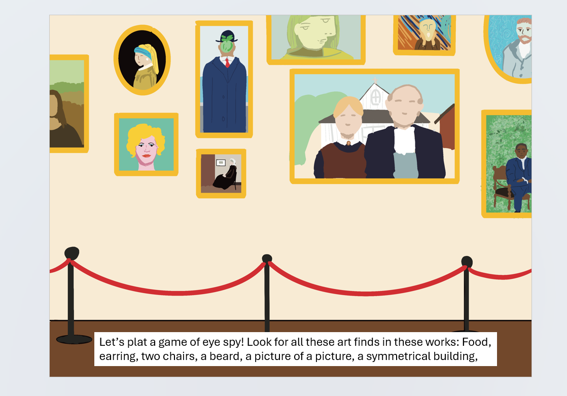 Illustrated "eye spy" game with art-themed items to find, including food, chairs, and a symmetrical building. / This is an 'Eye Spy' artwork activity page within the book! 
