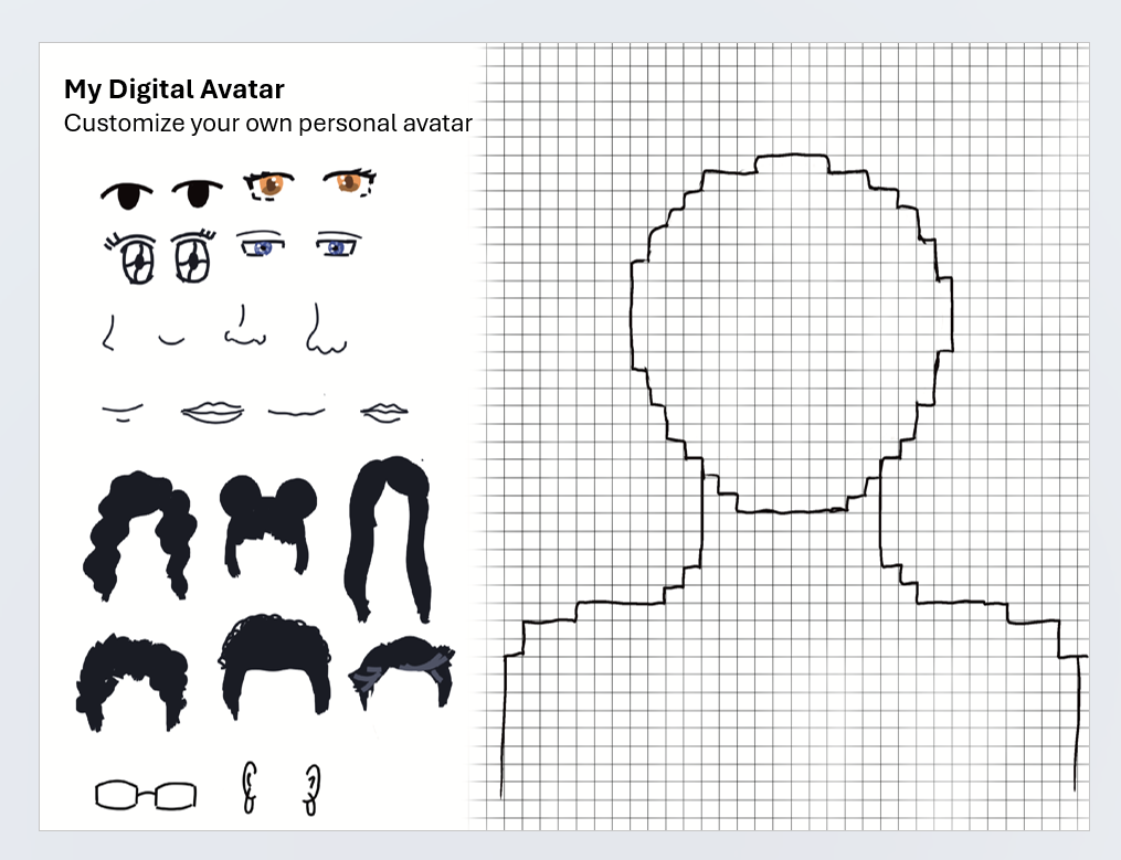 Digital avatar template with customizable facial features and accessories. / This is one of the many activity worksheets from the book. This is a stylized digital portrait or "avatar" creation. 