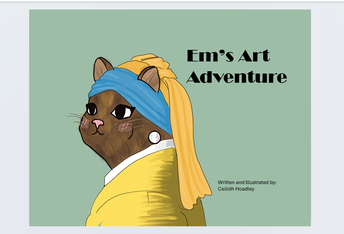 Brown cat in blue headscarf and yellow top with text "Em's Art Adventure" by Ceilidh Hoadley. / This is the Cover Page for the illustrated activity book. 