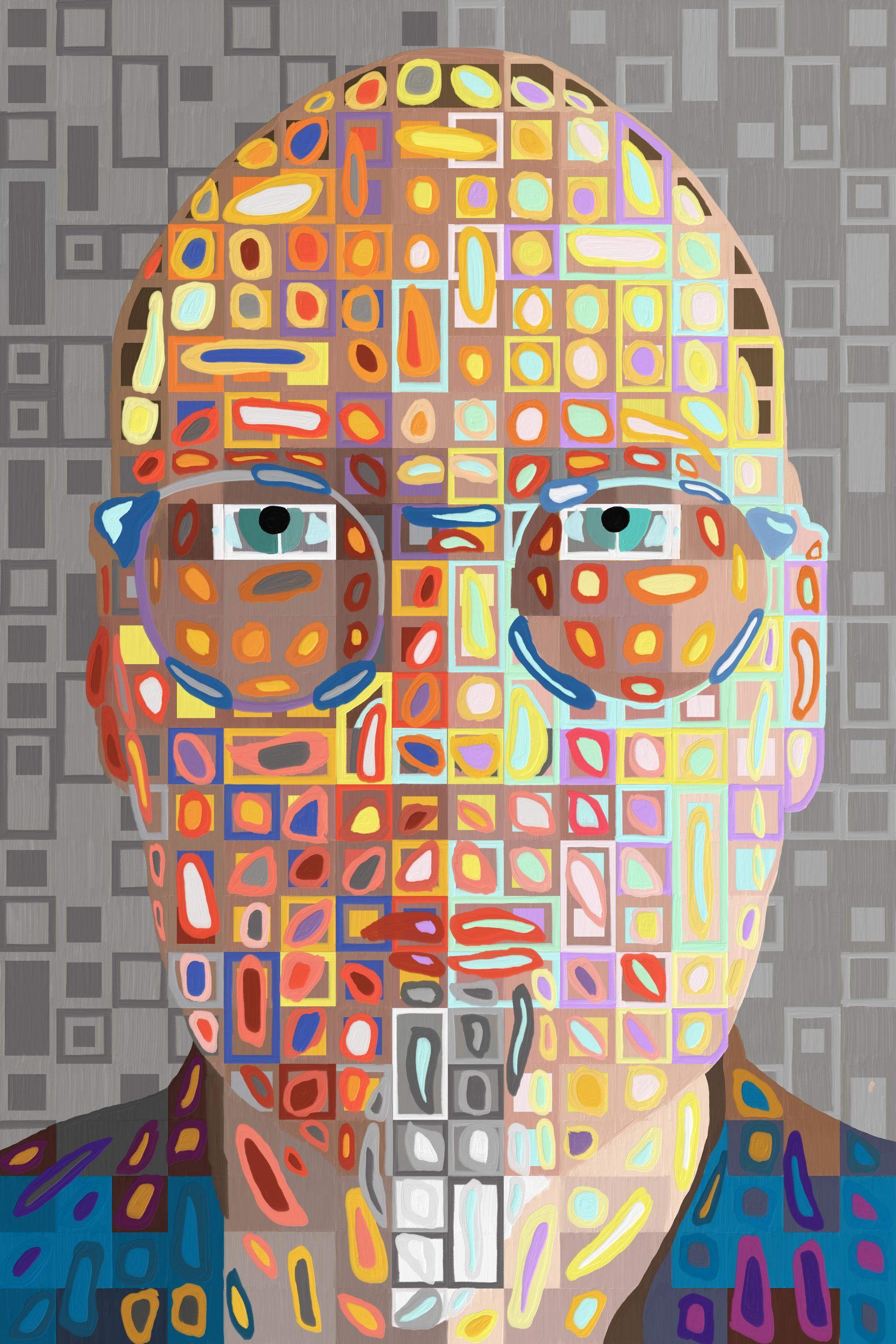 Abstract portrait with glasses made of colorful geometric shapes on gray background. / "Human Artist" Self-portrait, digital oil painting 