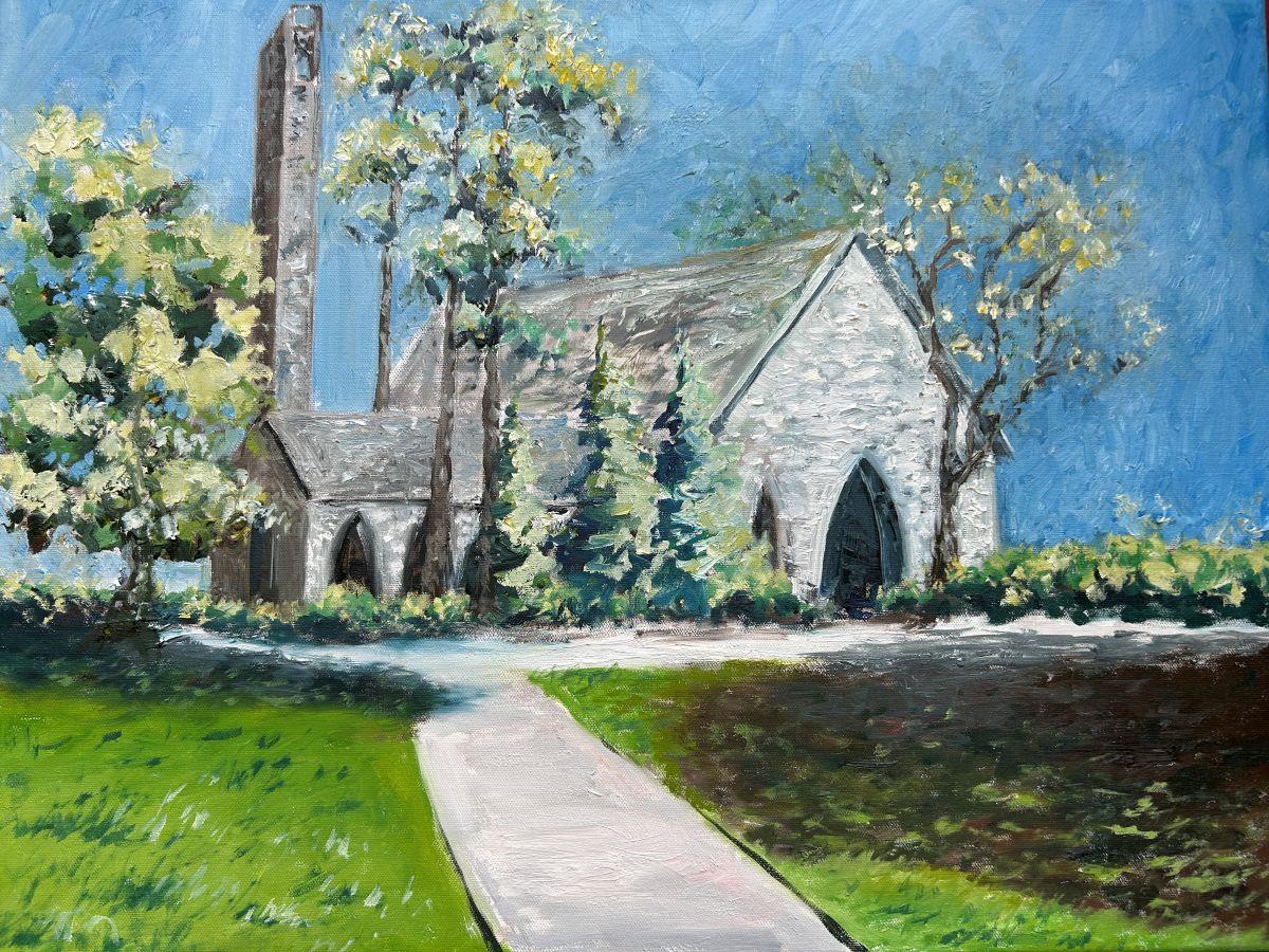 Painting of a stone chapel with bell tower, trees, and a clear blue sky. / The Chapel at Abraham Baldwin Agricultural College. Christopher Beals, 2025. Oil on Canvas, 18x24 inches 