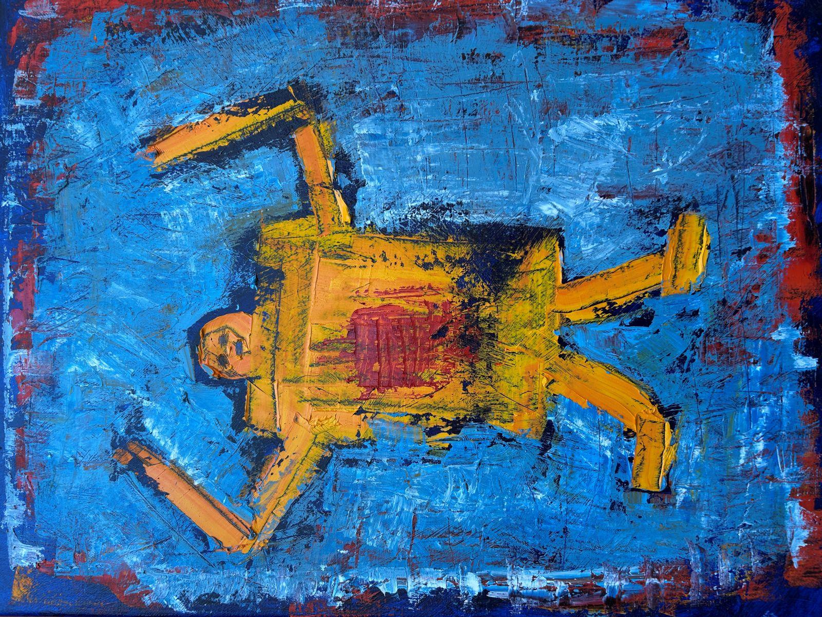 Abstract humanoid figure in warm colors on a blue background. / Angry Paperman with Jam #6. Christopher Beals, 2025. Oil on Canvas, 20x16 inches