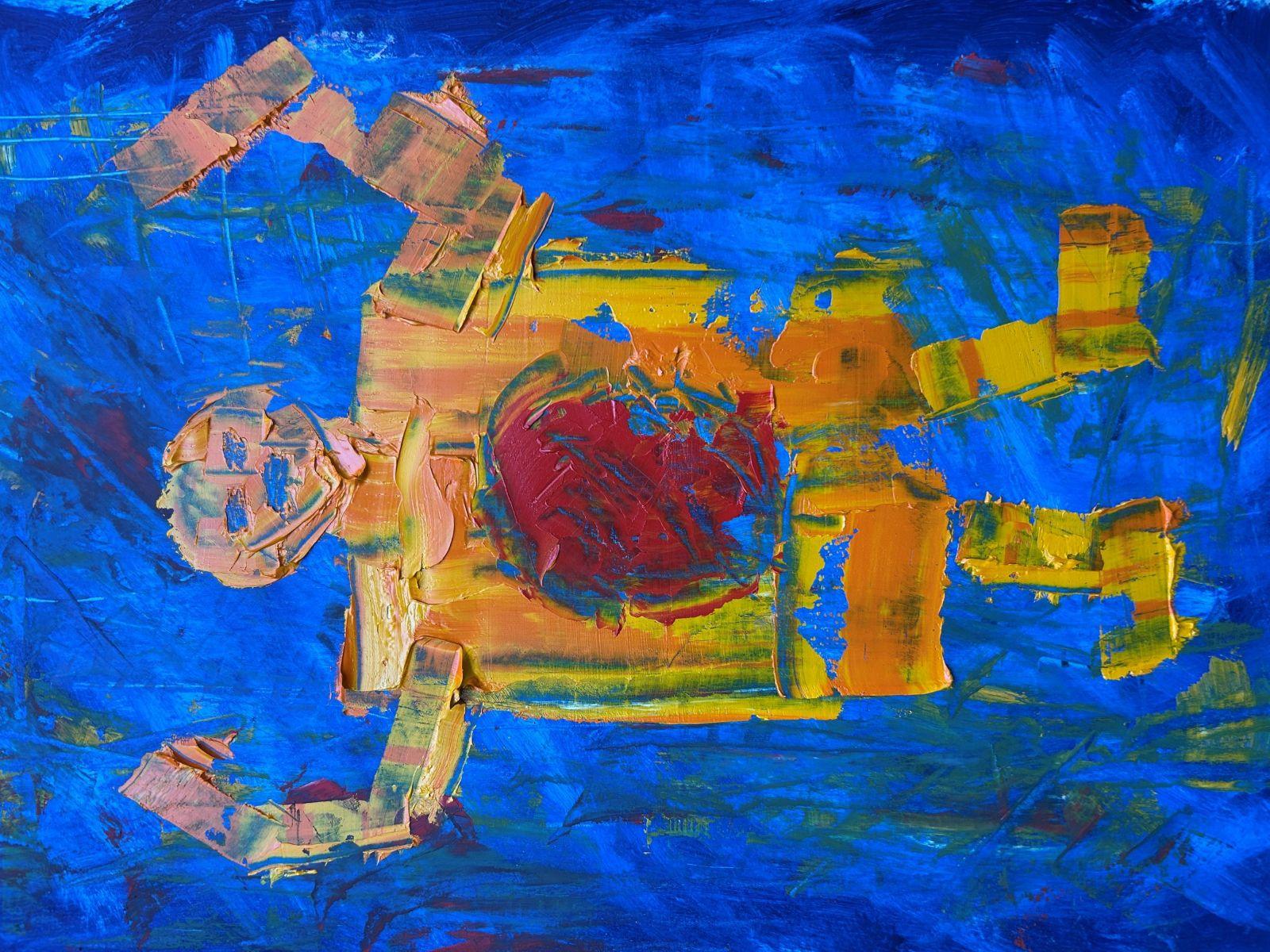 Abstract humanoid figure in warm colors on a blue background. / Angry Paperman with Jam #2. Christopher Beals, 2025. Oil on Wood, 15x10 inches