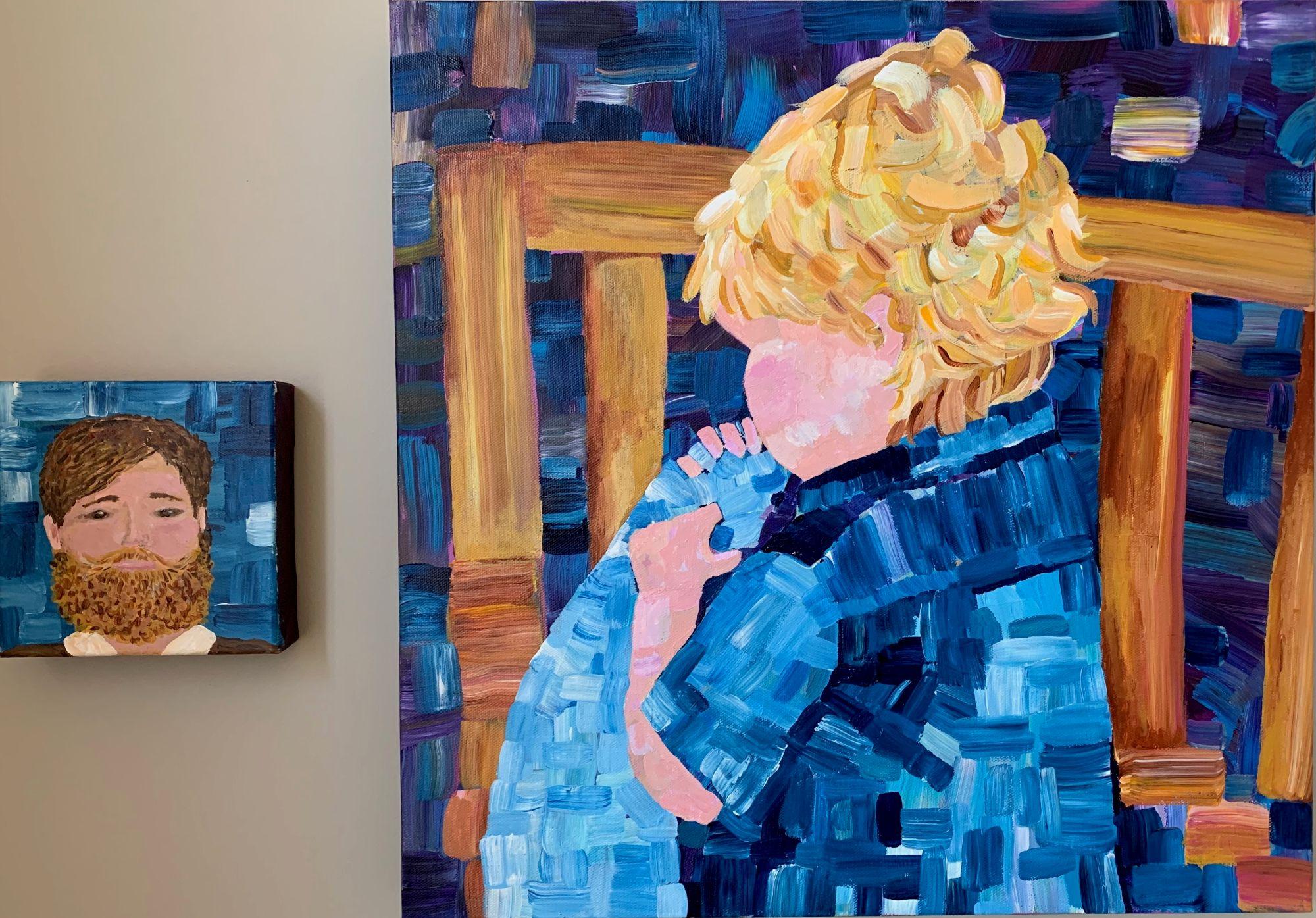 Child with blonde hair in blue shirt holding blanket on wooden chair. / Little Big Big Little 
