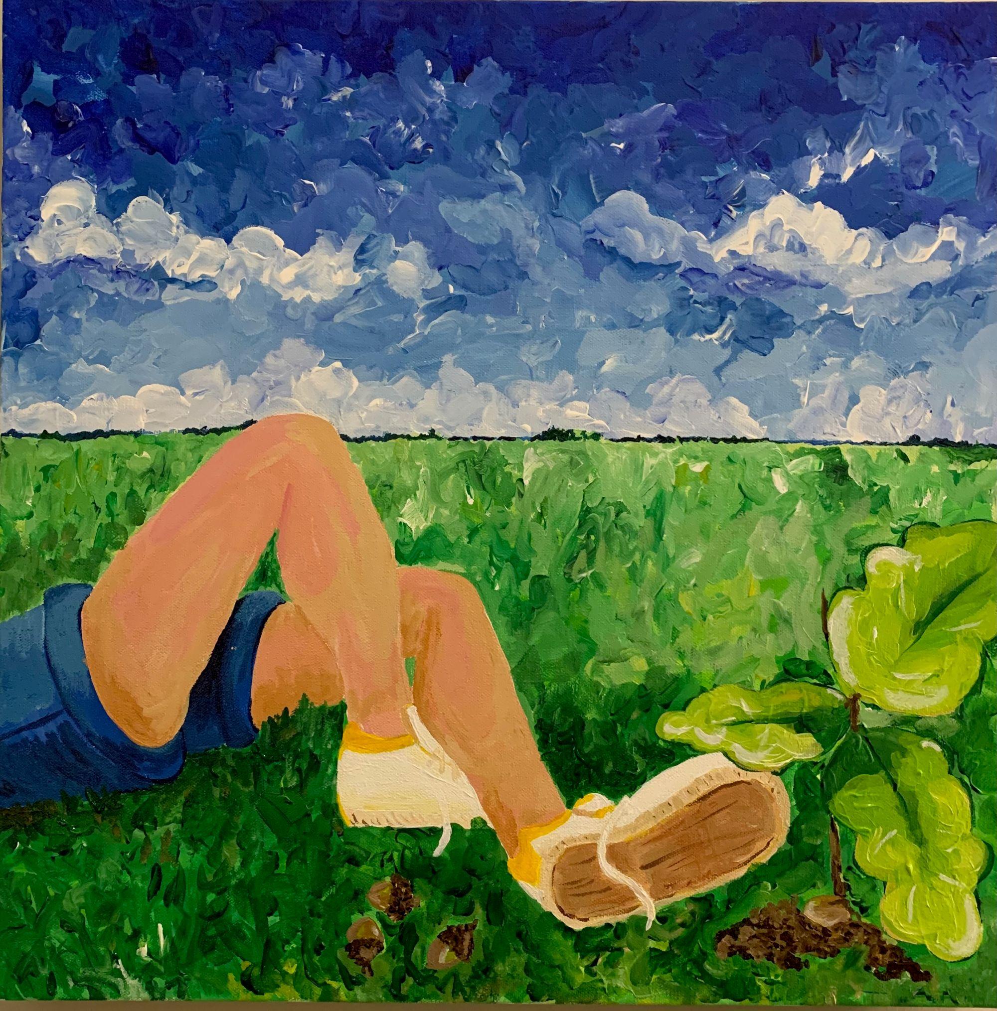 Painting of person lying on grass in blue shorts and white shoes under a cloudy sky. / Waiting for Shade 