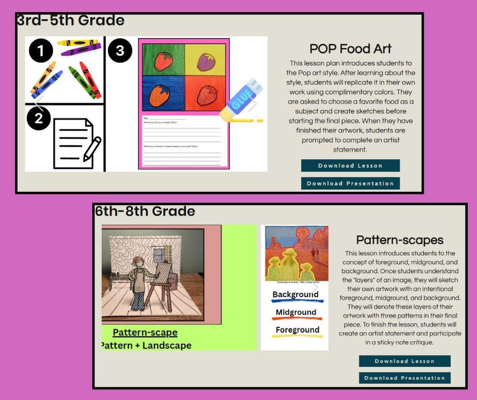  / These are images of the lesson plans and matching visual aids I created for K-12 art.