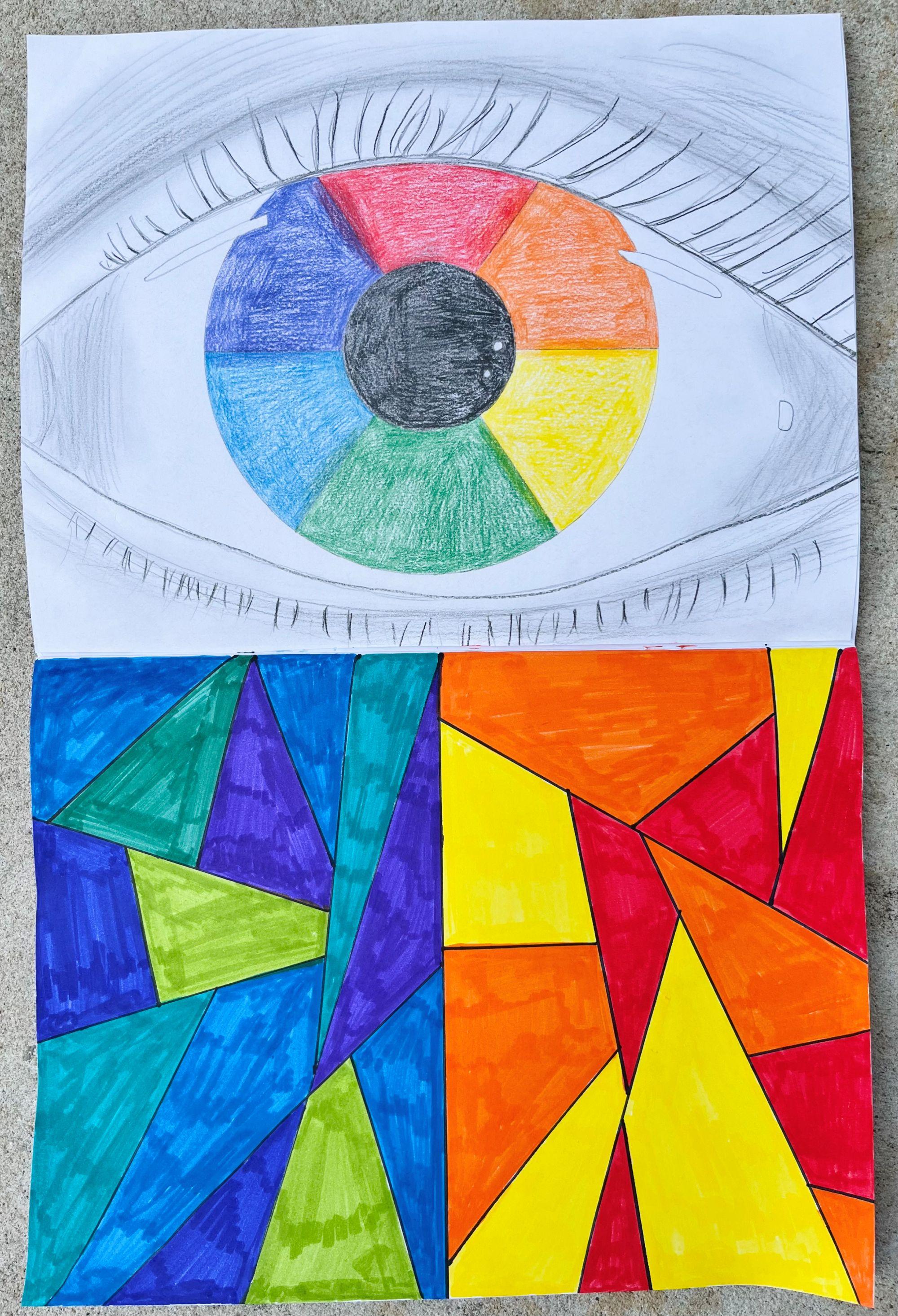 Drawing of an eye with rainbow-colored iris above geometric pattern in warm and cool tones. / This is an example of us practicing our basic color rules in art. Their task was to create a color wheel and then a page with warm and cool colors. 