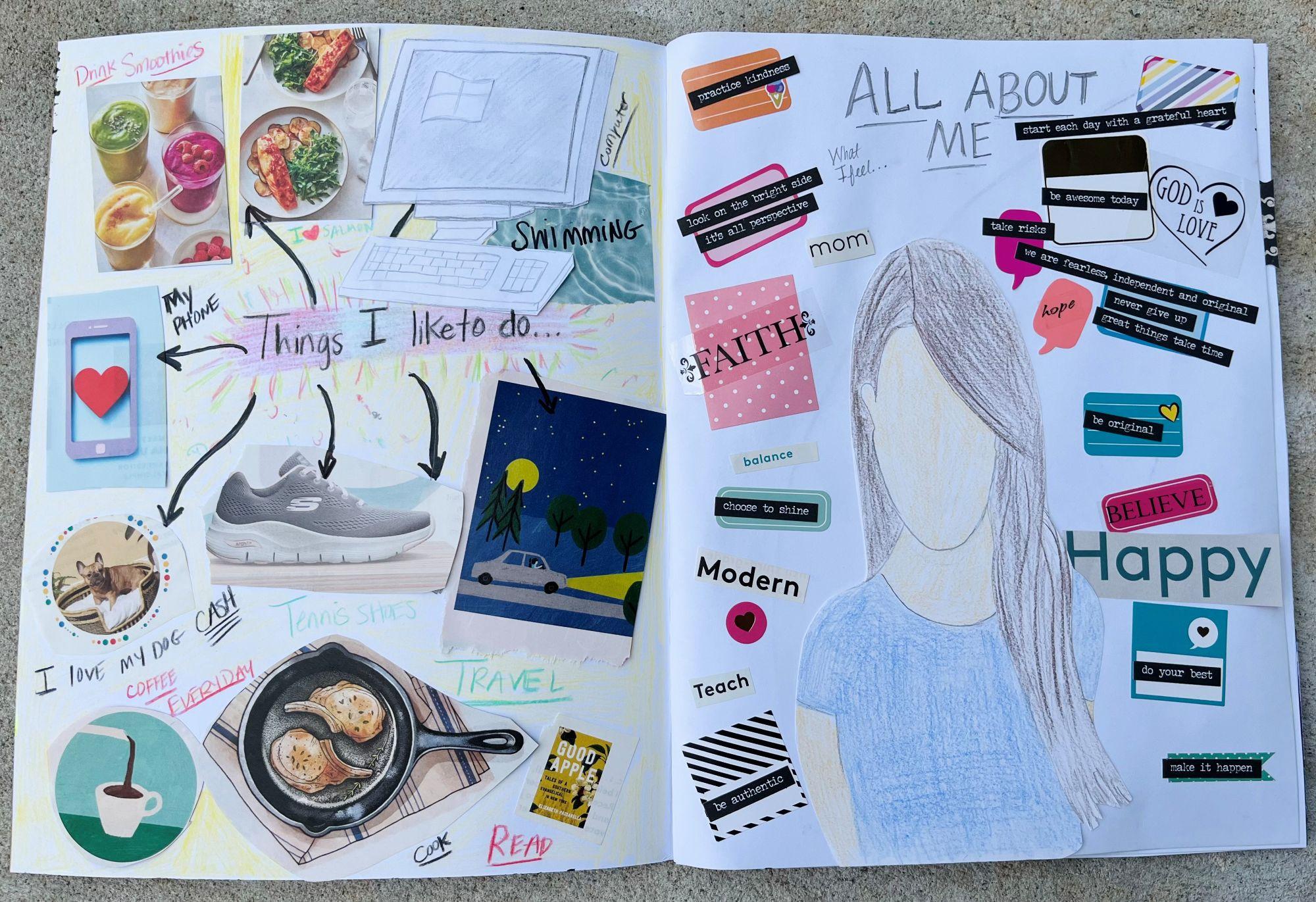 Journal pages with drawings of favorite activities on left; right page titled “All About Me” with words, stickers, and a faceless portrait. / On these days, students were creating "All About Me" pages. We used magazine clippings and stickers to find words that described ourselves. They loved being able to create collage pages. 