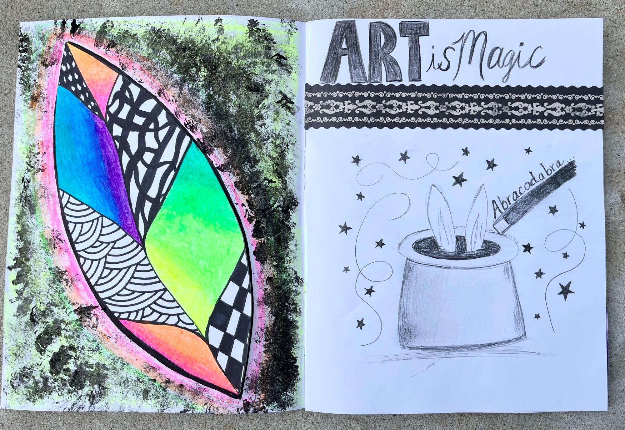 Sketchbook pages with abstract art on left; right page shows “ART is Magic” text, magician’s hat, rabbit ears, and wand. / This is an example of Mixed Media including drawing, painting, and coloring. This was an example of using multiple materials like pencils, paint, sharpies, and oil pastels. 