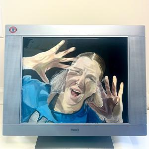  / Trapped Online: Acrylic painting of girl on a 13x 16 computer screen with resin applied over the painting. 