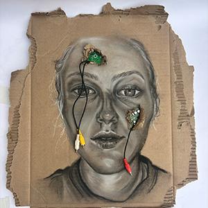  / Internal Wiring: Charcoal drawing of a self-portrait on cardboard. Torn out part of the cardboard to see circuit boards that were attached to the back to peek through. 