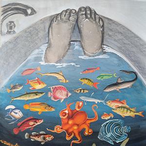 / Margaret Bearden. (2025). What the Water Gave Me; Inspired by Frida Kahlo. [Charcoal, gouache, and collage on paper]. The imagery of the deep and dark ocean waters gives the viewer a symbolic representation of the danger lurking beneath the surface of a seemingly calm sea. The bath is typically a place of comfort and relaxation, providing the body and soul with soothing self-care. But often being alone in the tub can awaken dark thoughts and pain. 