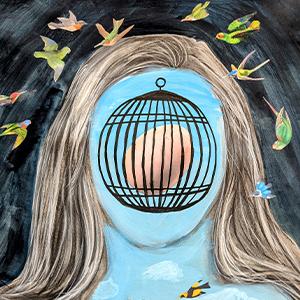  / Margaret Bearden. (2025). Caged Egg. Charcoal, gouache, and collage on paper 2024 18x24.” I wanted to utilize the concept of the egg as a representation of self and the idea of obscuring the face itself. Trauma and anxiety have caused me to build a wall or a cage around my true self. I use this cage to protect the vulnerable and easily broken egg of my ego or self, from anxious fears, rejection, or judgment. 