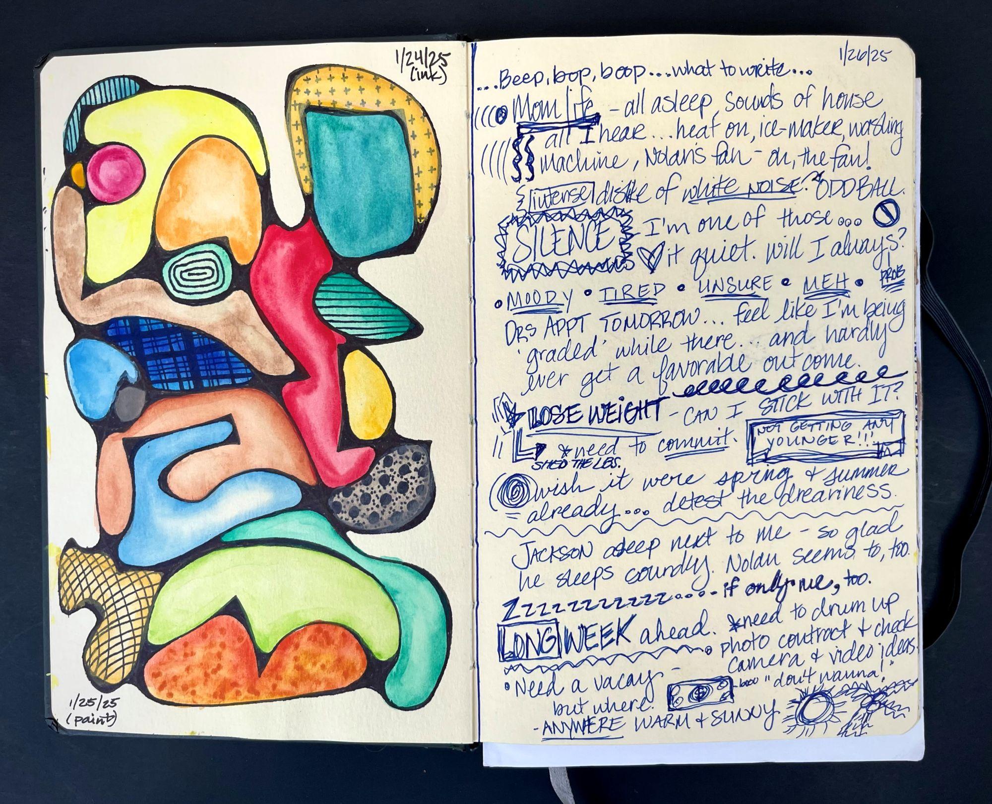 Open notebook with abstract art on left page and handwritten personal reflections / Some of the readings encouraged me to do stream-of-consciousness writings based on suggested topics or what I felt was appropriate, which also felt very creative exercises to me. Other times, I worked on neurographic sketches and often tried incorporating other elements, like color and/or shading, into them. 