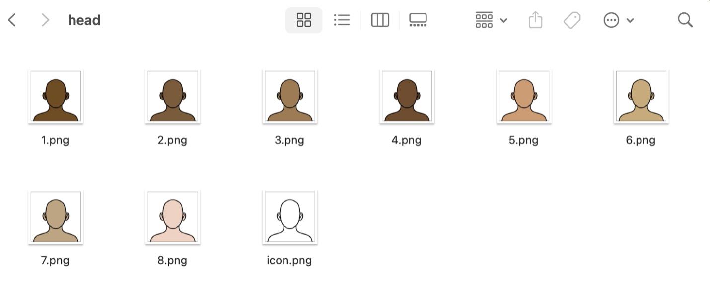  / A screenshot of the computer folder containing each skin color options for heads. 